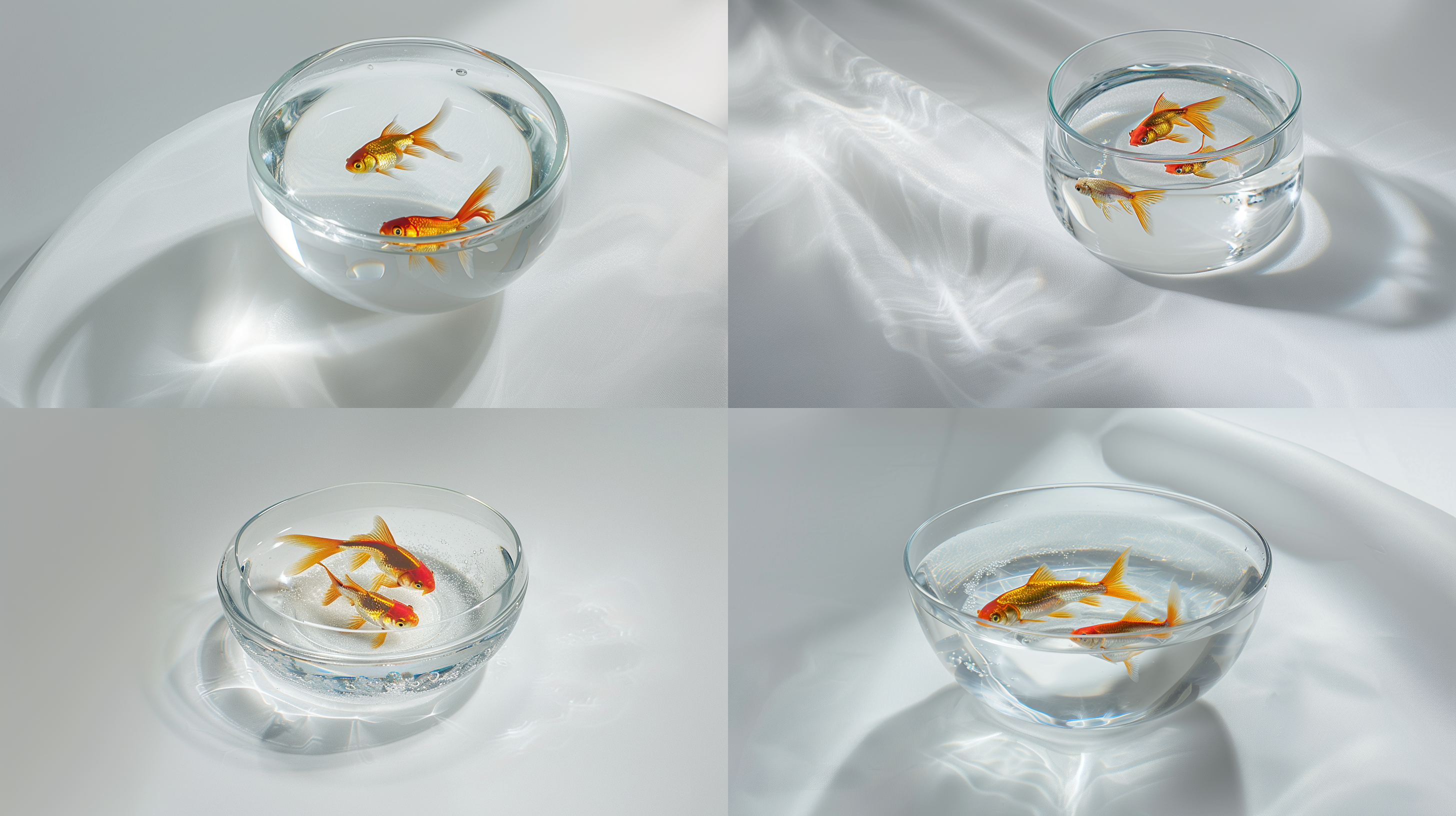 a fish tank on a white tablecloth, containing two young goldfish, with tabletop reflection, macro lens, soft lighting, still-life photography, pure white, tranquil and peaceful