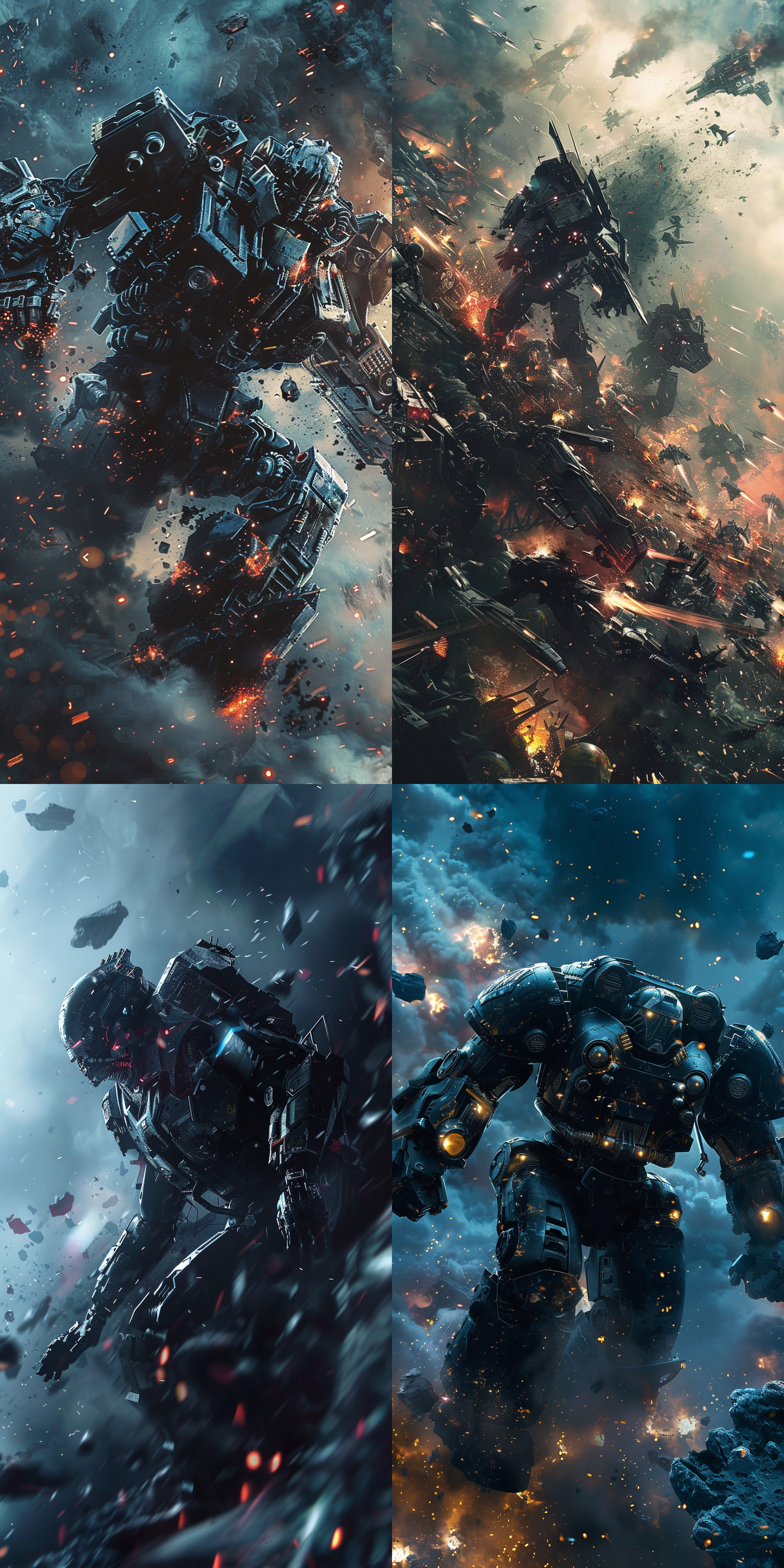 黑色机甲战士，星际空间，惨烈战斗，部分机甲破损，科幻风格，宏大战争场面，冷色调，深色背景，高清摄影