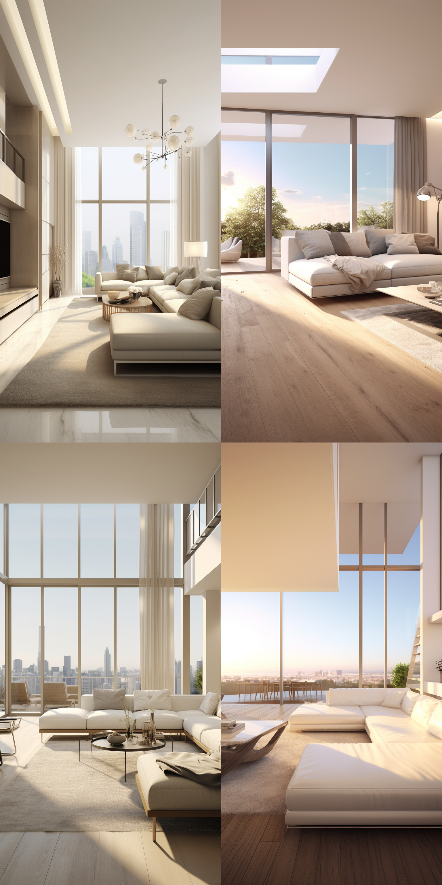 室内设计效果图，现代简约风格，开放式空间，中性色调，全景视角，广角镜头，柔和自然光，细节丰富，舒适，和谐。