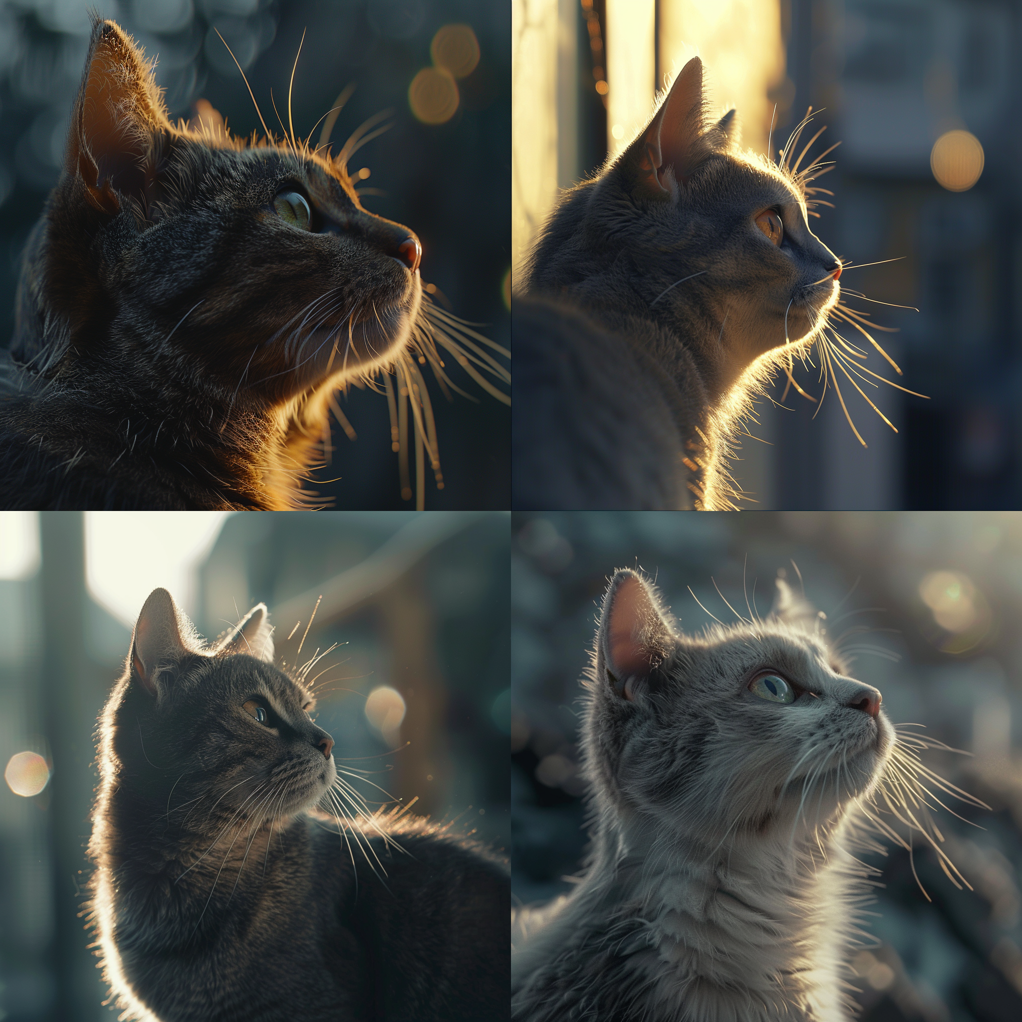 猫特写，街道背景，侧光照明，4k画质，高清细节，自然环境，长焦镜头，焦点锐利，眼神专注，毛发清晰，灰色调，神秘感。 宫崎骏 办公室 特写 天空蓝 太阳光 暖光 晨光