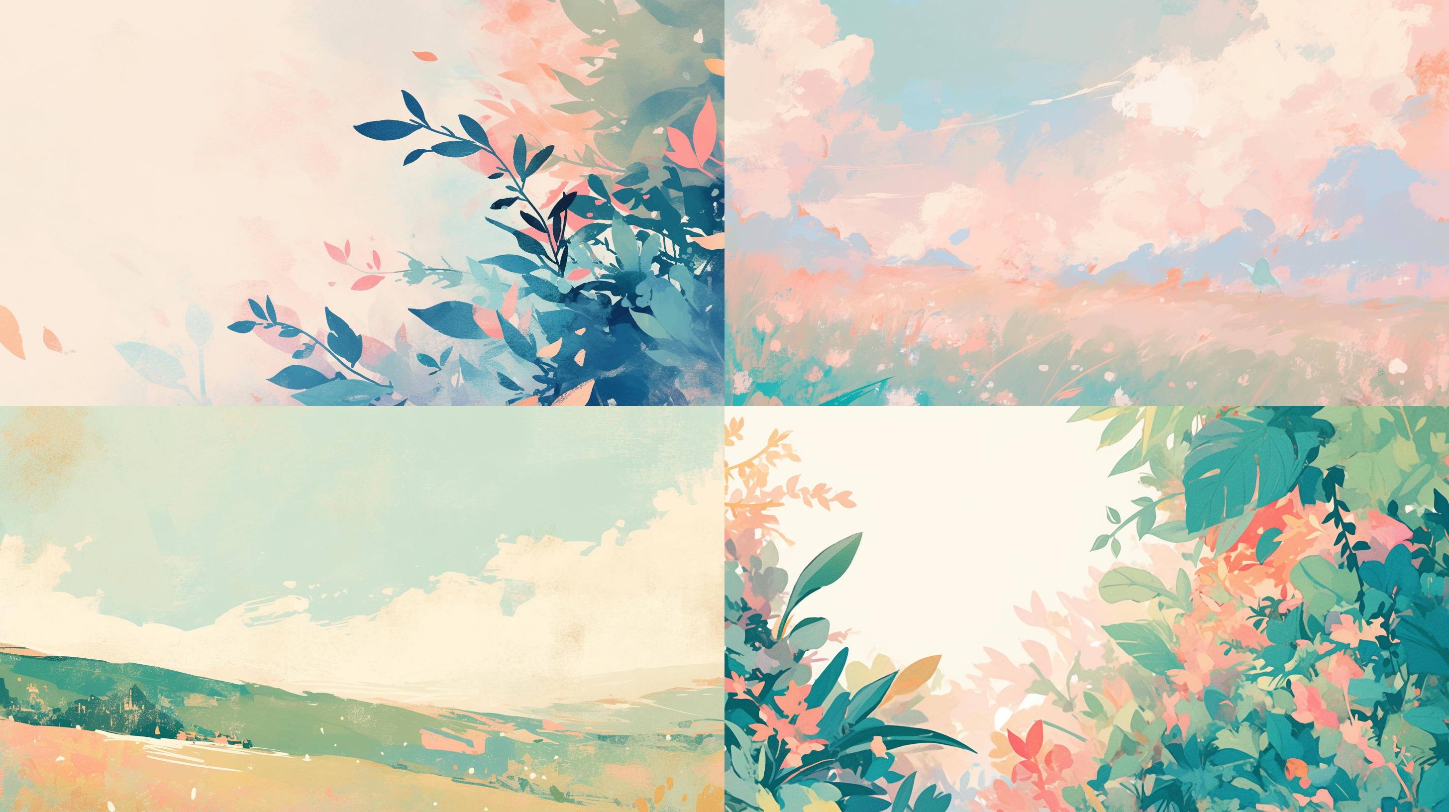 淡绿色，粉桃色，白色背景，波墨，简洁设计，山水画，淡雅色彩，宁静氛围，长焦镜头，柔和光线，静态构图，自然元素，平静情感。