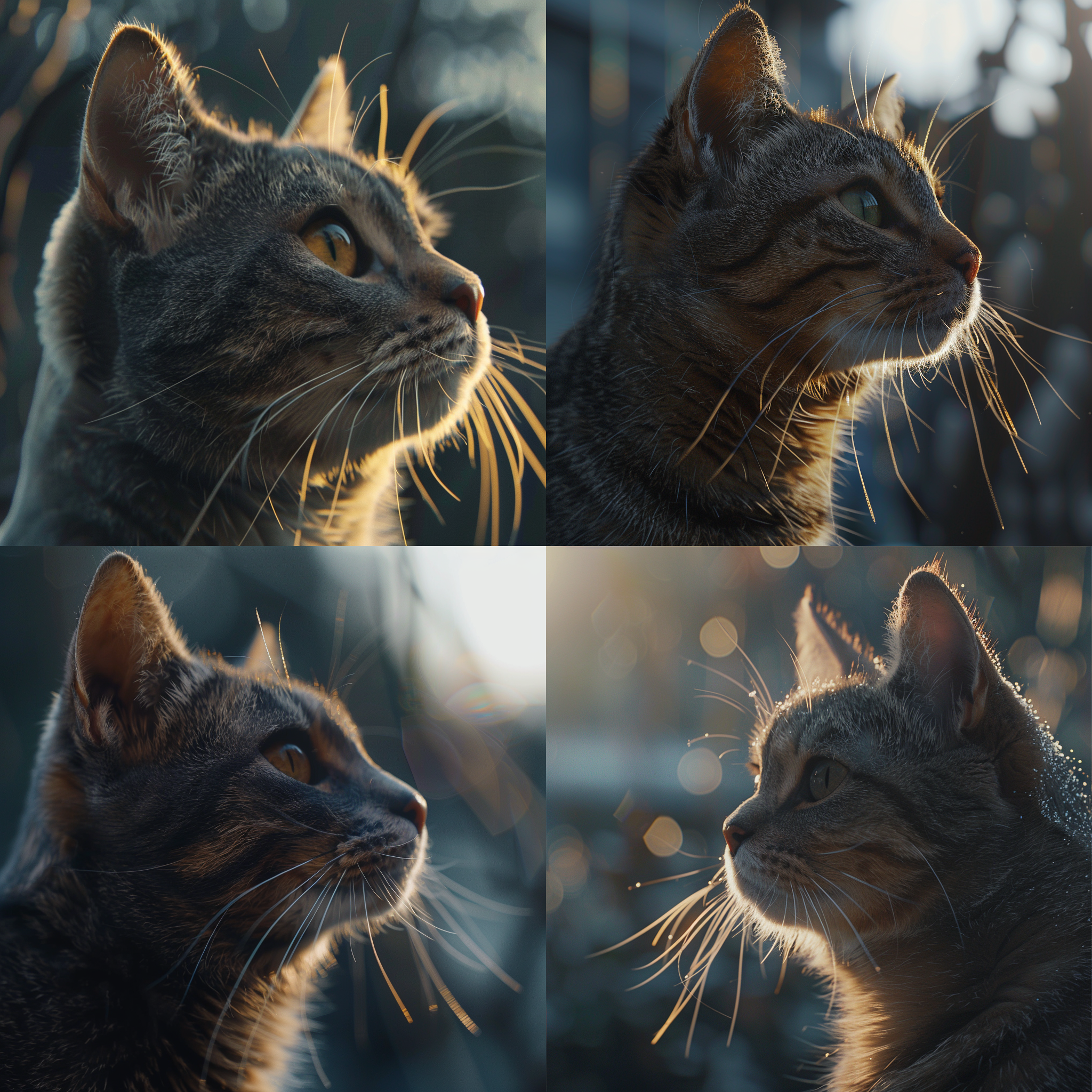 猫特写，街道背景，侧光照明，4k画质，高清细节，自然环境，长焦镜头，焦点锐利，眼神专注，毛发清晰，灰色调，神秘感。 宫崎骏 办公室 特写 天空蓝 太阳光 暖光 晨光