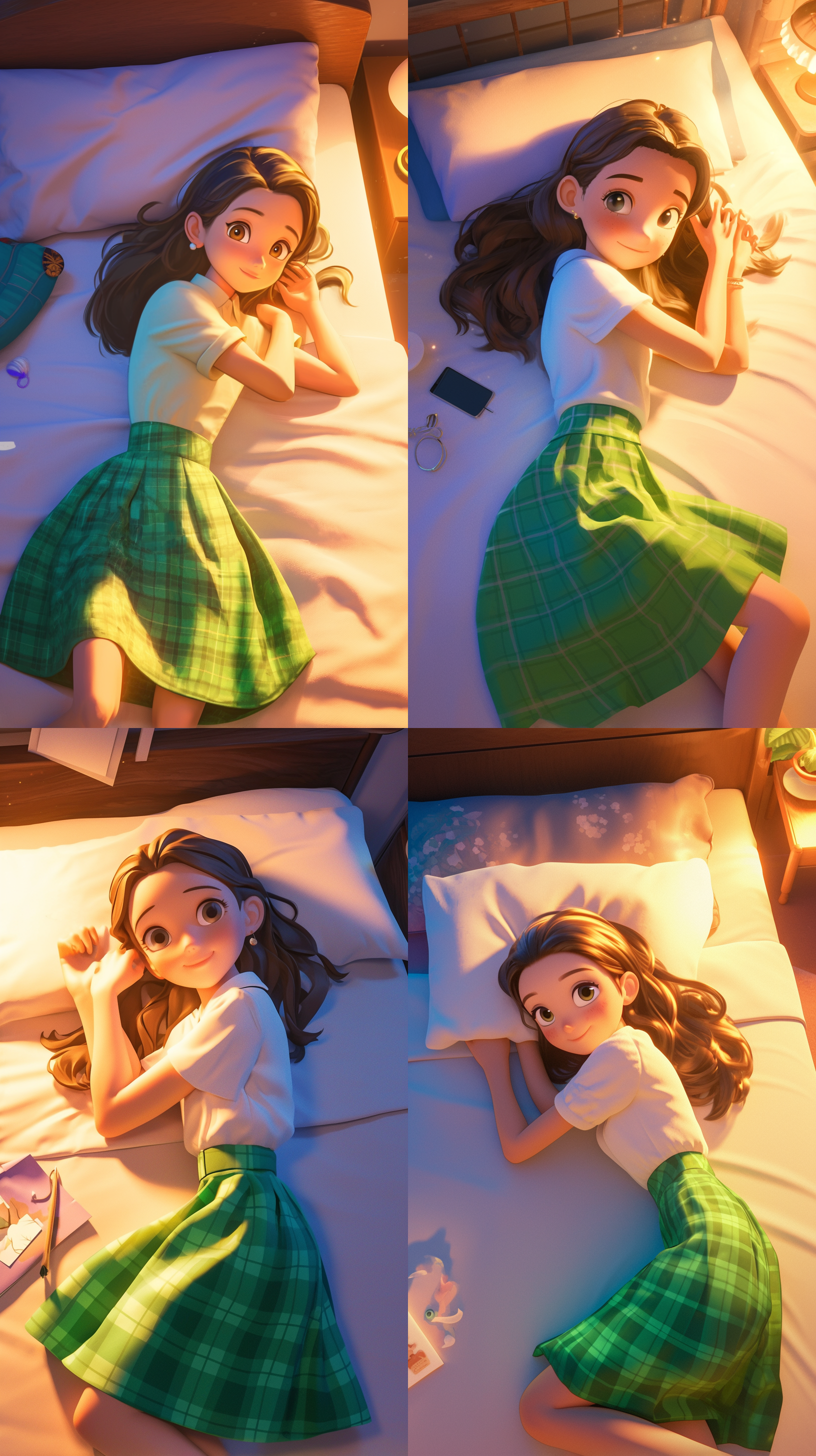 绿色格子裙女孩躺在床上思考，夜晚，房间背景。皮克斯动画风格，超真实渲染，高角度拍摄，明亮色彩，迪士尼3d卡通风格，阳光直射，广角镜头，动态捕捉，鲜艳色彩，和谐自然。