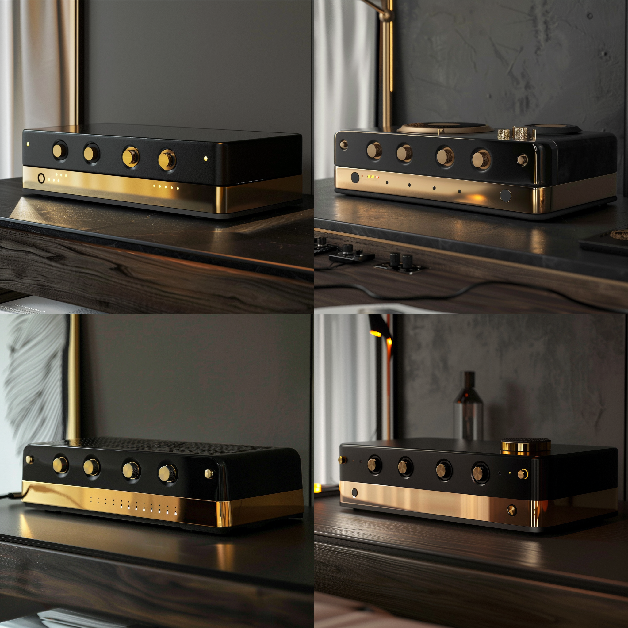 音响置于桌面，长条形设计，黑色金属材质，金色点缀，正面出音孔，旋钮按键，led灯光，高级感，居家场景，现代简约风格，低角度拍摄，自然光，细节清晰，冷暖色调对比，科技感。
