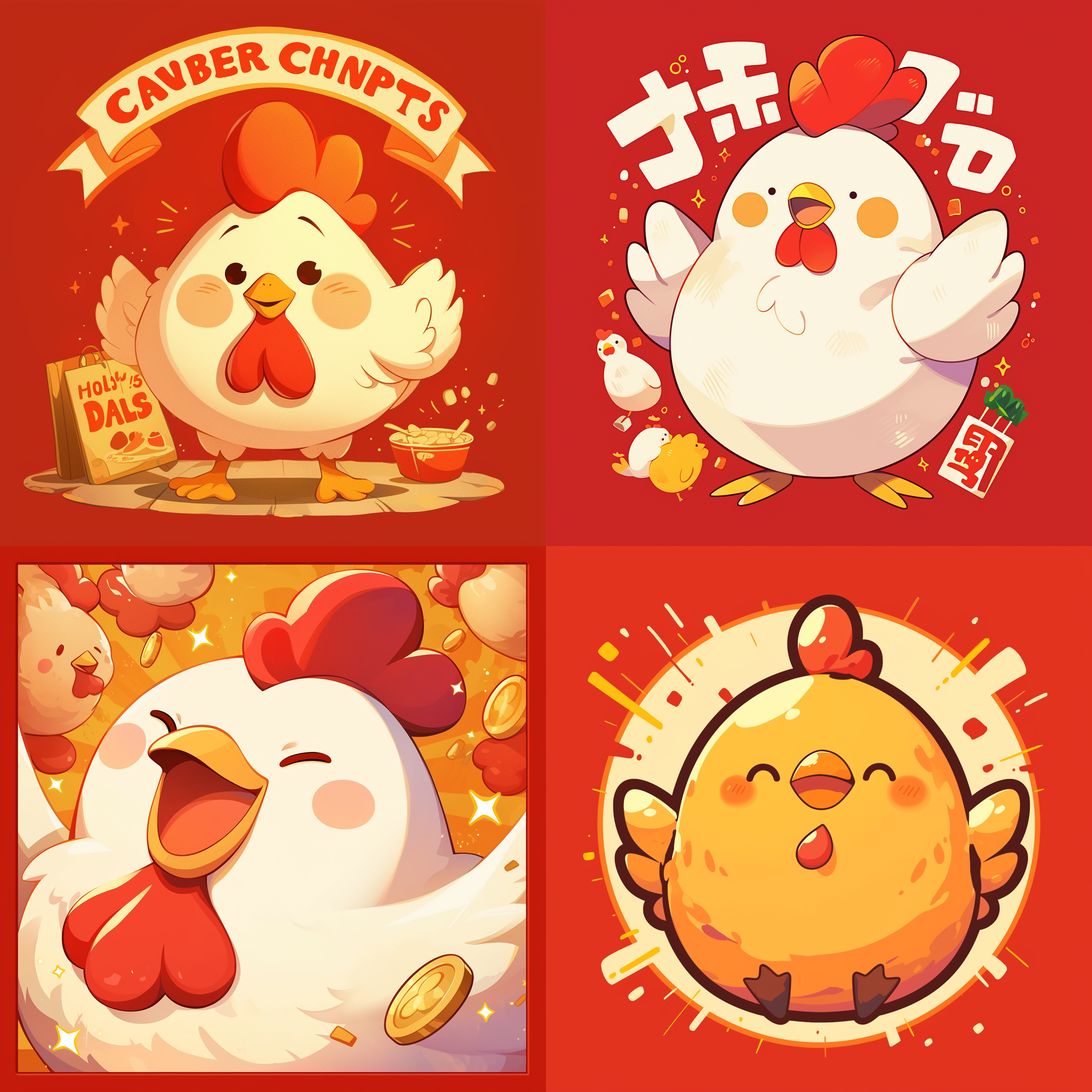 炸鸡店logo，鲜艳色彩，卡通风格，炸鸡图案，笑脸表情，圆润字体，金色边框，背景红色，活泼，诱人食欲。