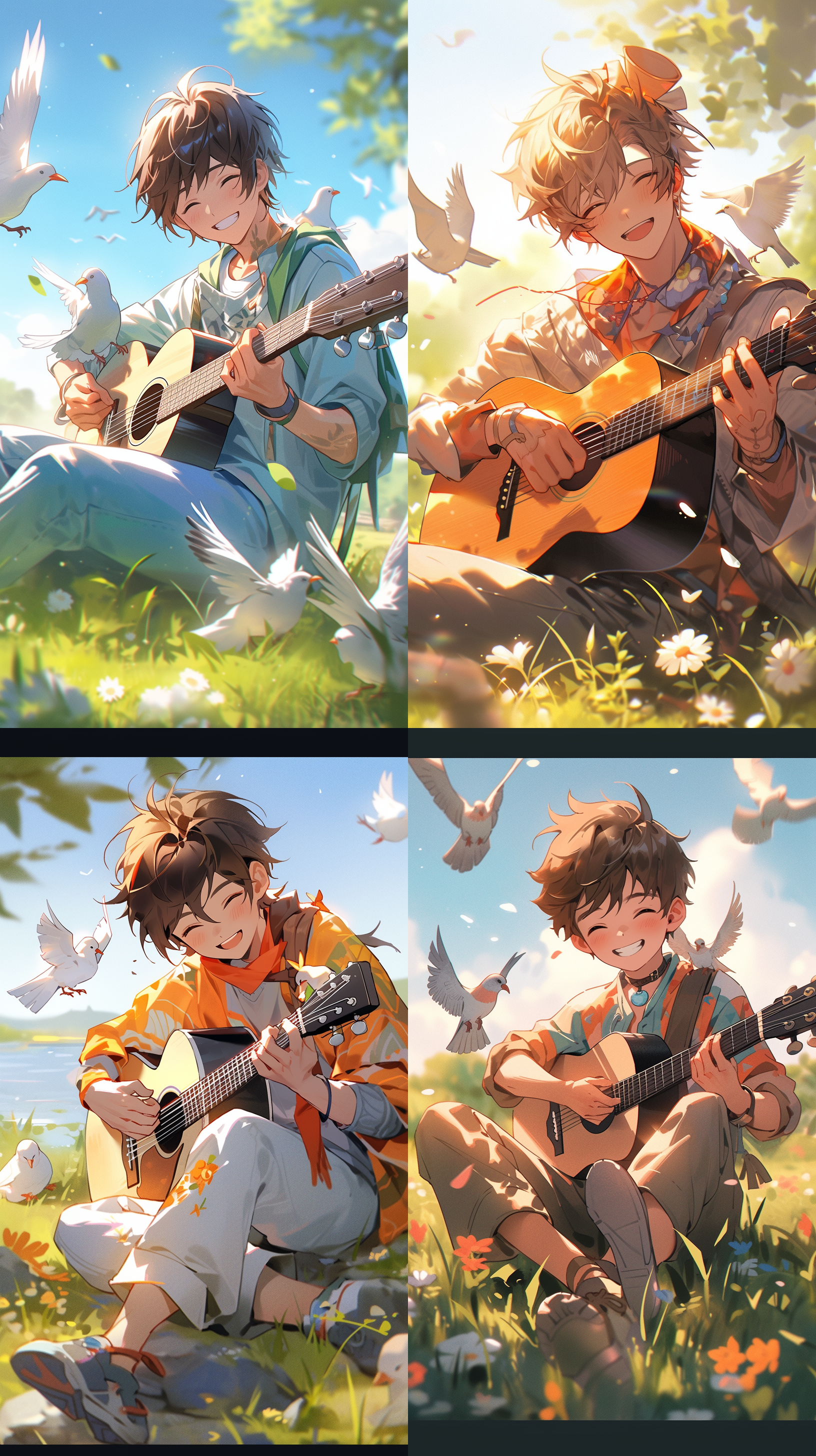 男孩，时尚夏装，微笑，帅气，艺术发型，在山坡里的草地上，弹吉它，小鸟环绕，阳光，树，平视，天空，小河流淌，治愈，超级细节，高清，大光圈，全身照，8k