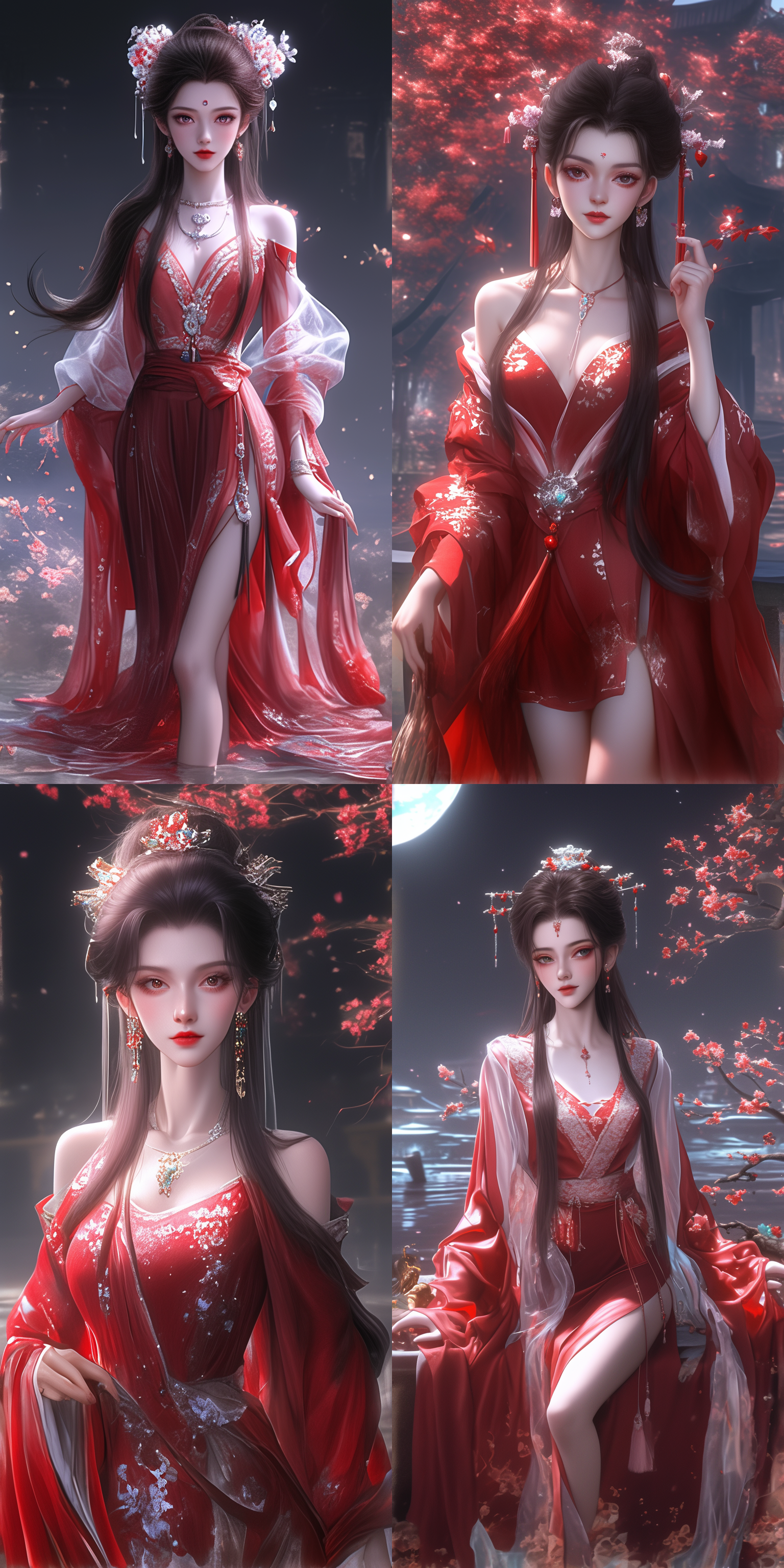 一个中国古代少女，绝美容貌，网红脸，白皙肤色，长发，无刘海，花钿，穿古装，中国风，全身图，仙侠世界，柔光，超现实，正视图，温柔微笑