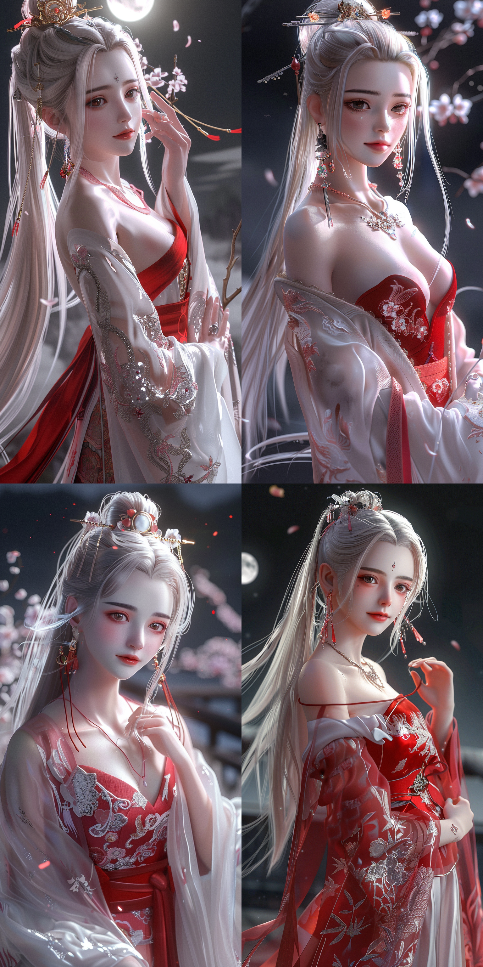 一个中国古代少女，精致五官，绝美妆容，白皙肤色，发鬓，穿古装，中国风，全景透视，玄幻世界，柔光，正视图，清冷，月光，宇宙星辰