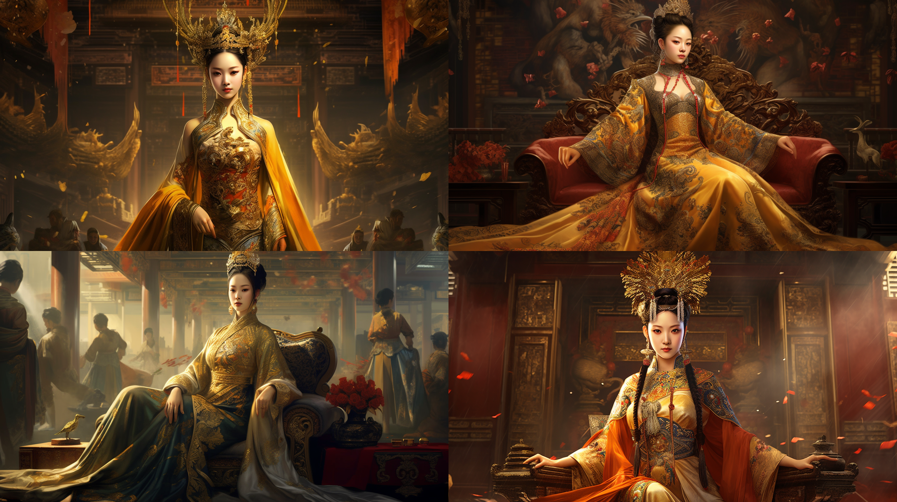 中国公主，高贵华服饰，华丽头饰，全身像，皇宫大殿，严肃俯瞰，对称构图，金色主调，长裙拖地，宝石头饰，冷光照明，宏伟背景，细节丰富，庄重表情。