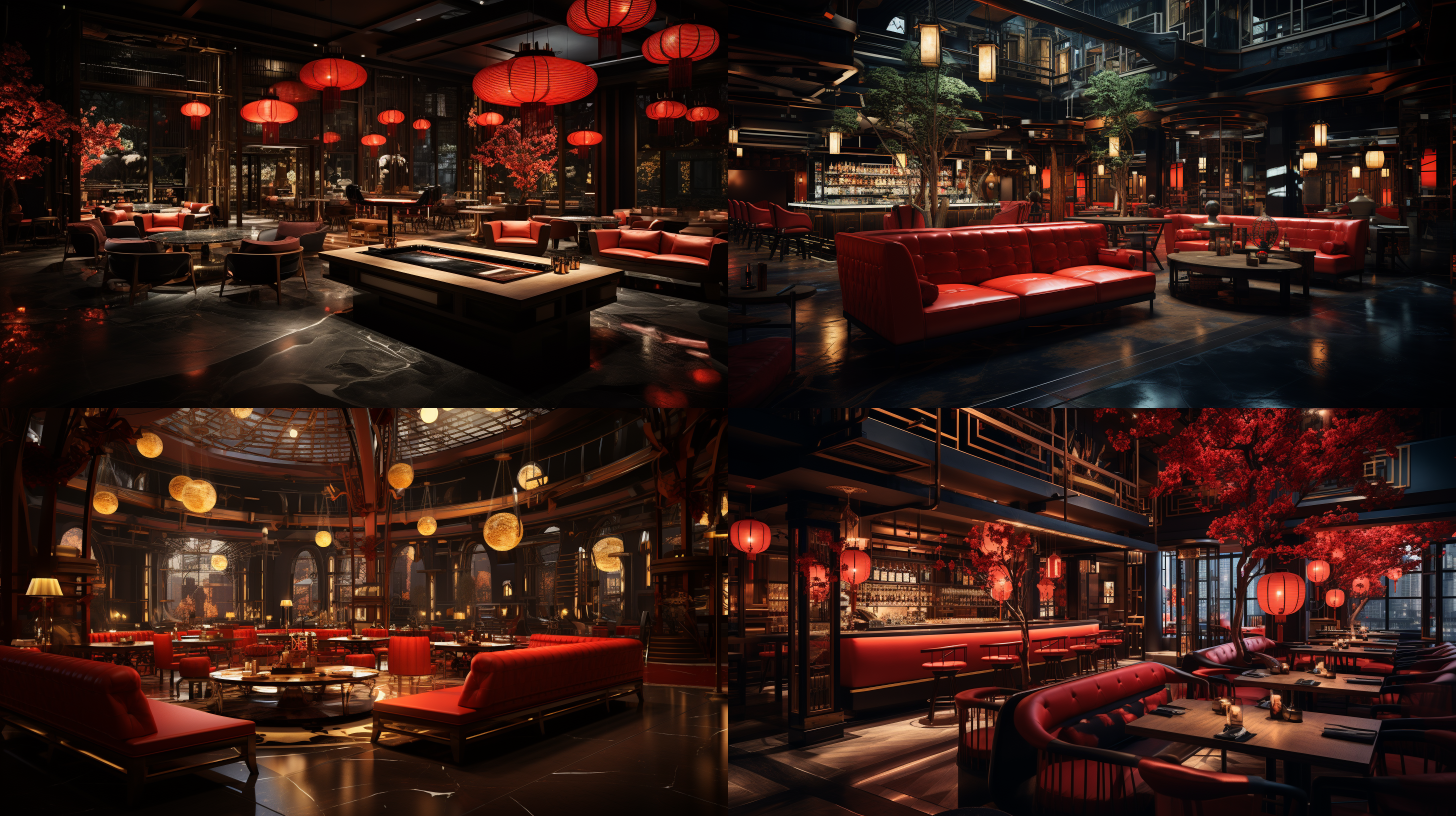 300平米中式ktv，vr渲染，宽敞空间，中式装饰，木质家具，红色调，柔和灯光，全景视角，细节丰富，现代与传统结合，舒适氛围。