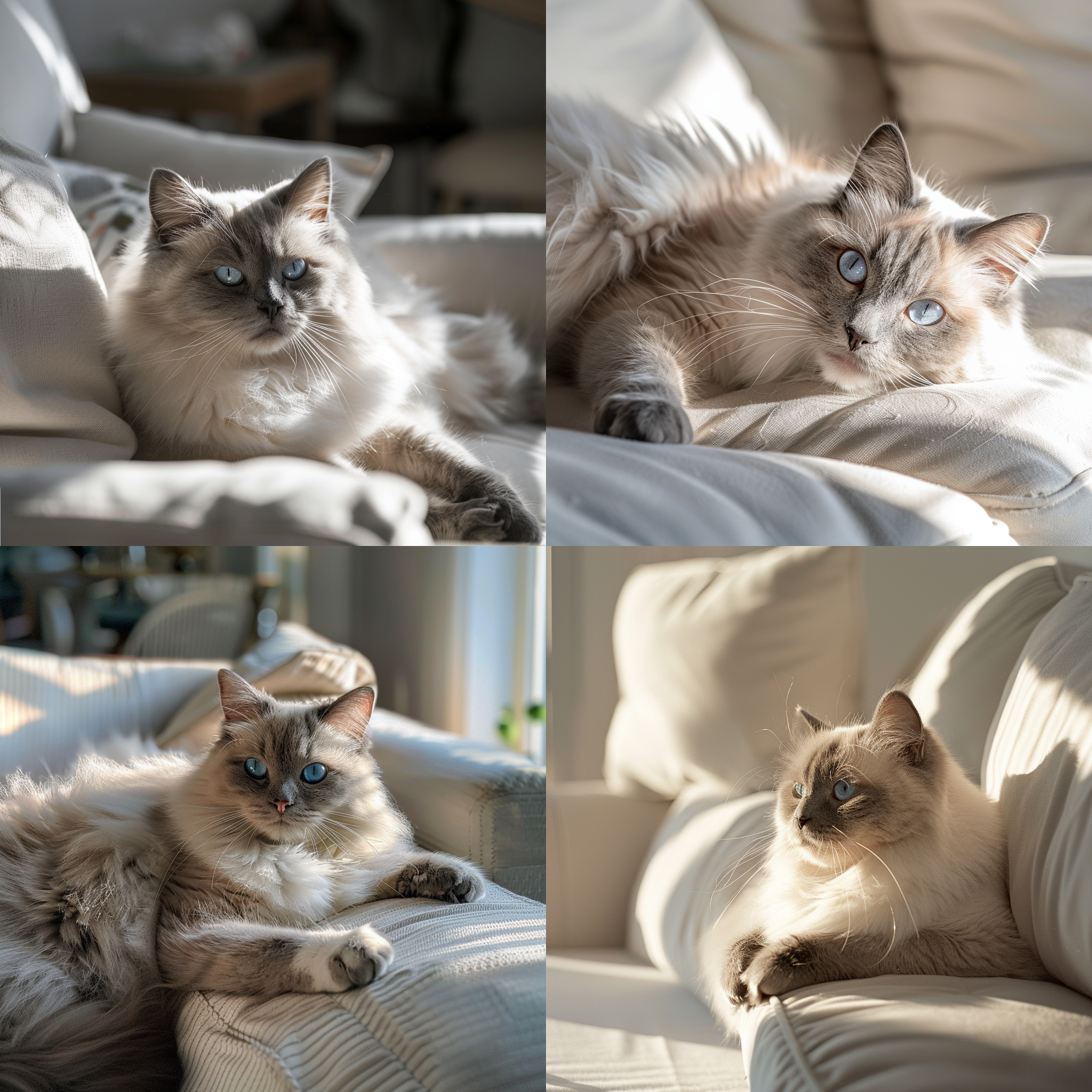 动物摄影，一只灰色毛发蓝色眼睛的布偶猫，趴在白色的沙发上旁边是透明的桌子，氛围感照明，特写镜头，摄影纪实，4k画质，高清摄影 摄影纪实 充满阳光 特写 镜头光晕 氛围感照明 丹麦室内