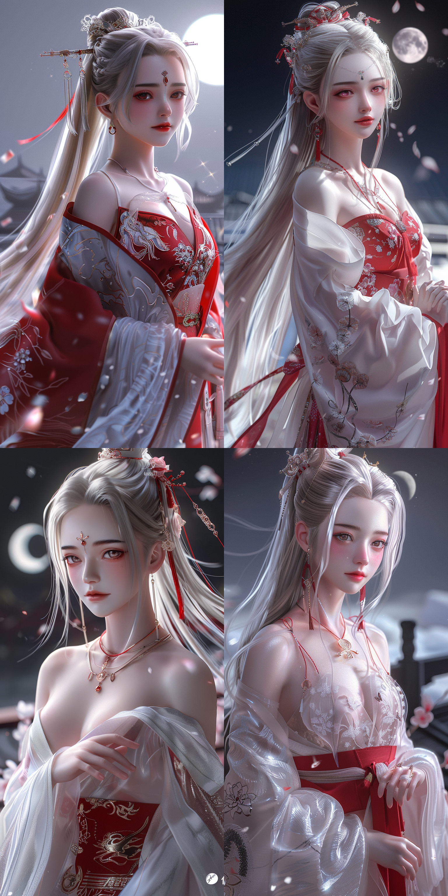 一个中国古代少女，精致五官，绝美妆容，白皙肤色，发鬓，穿古装，中国风，全景透视，玄幻世界，柔光，正视图，清冷，月光，宇宙星辰