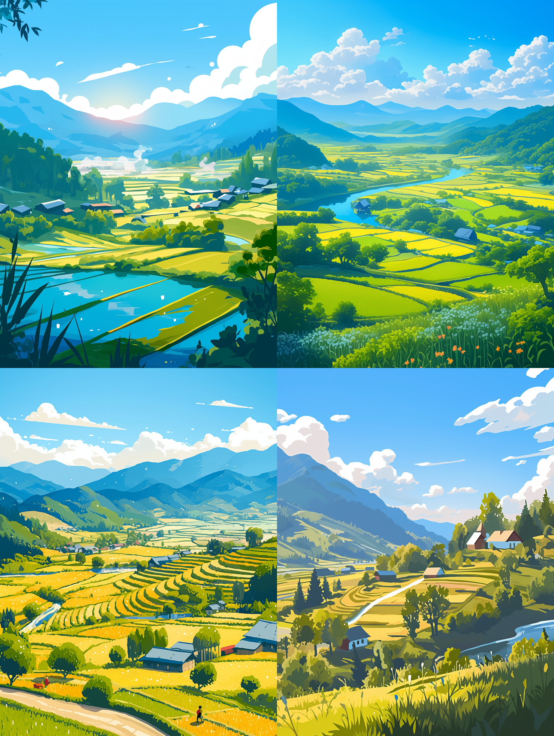 spring bright tones, mountains, clouds, water, terraces, mountain villages, willows, bamboo, wide angle，natural light, sun, blue sky,cinematic light, flat style, vector illustration, design style, ui，real photography, super detail，8k，best quality,
