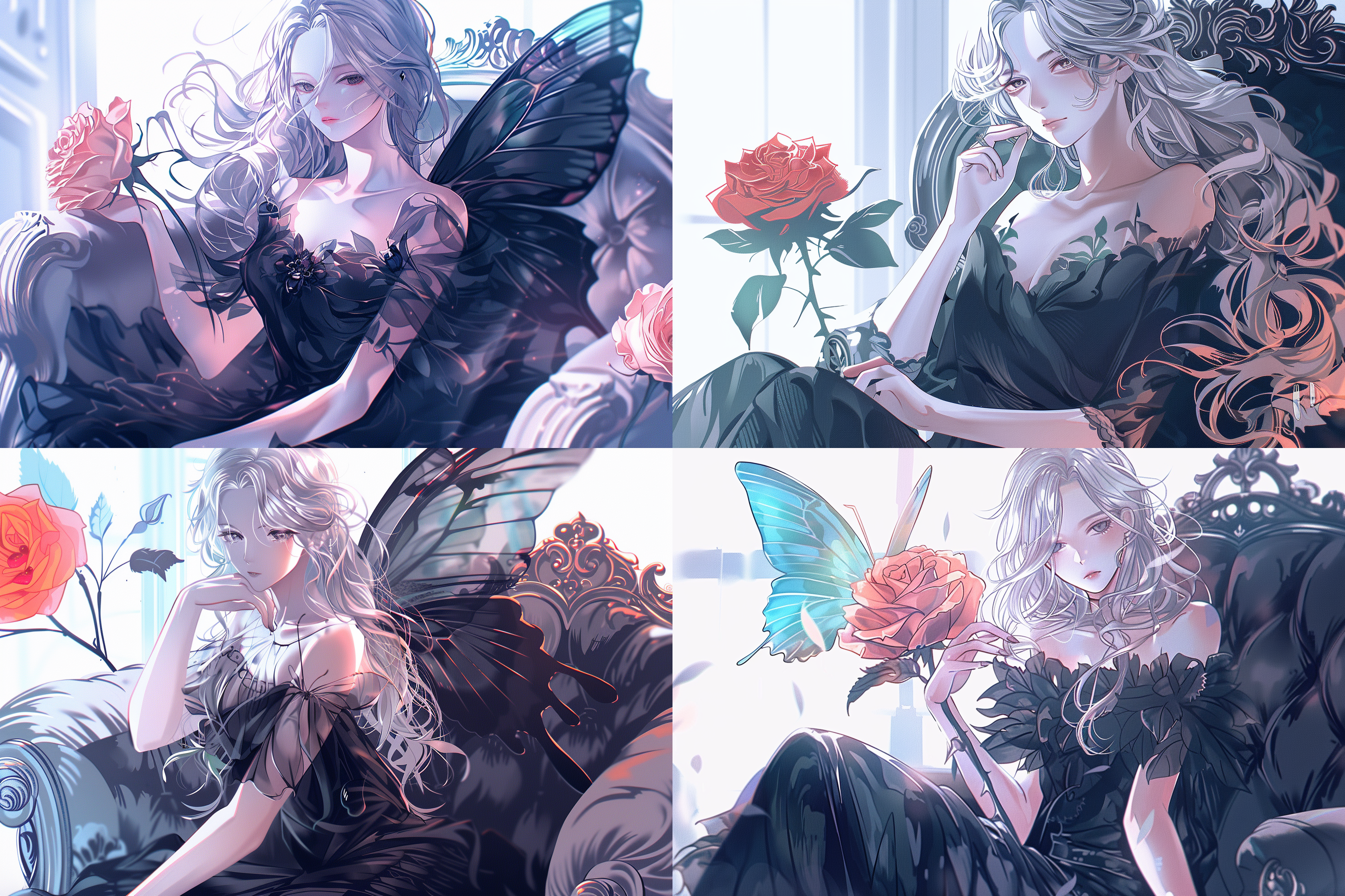 蝴蝶，玫瑰，线条勾画，彩色线条，白色背景 旗袍