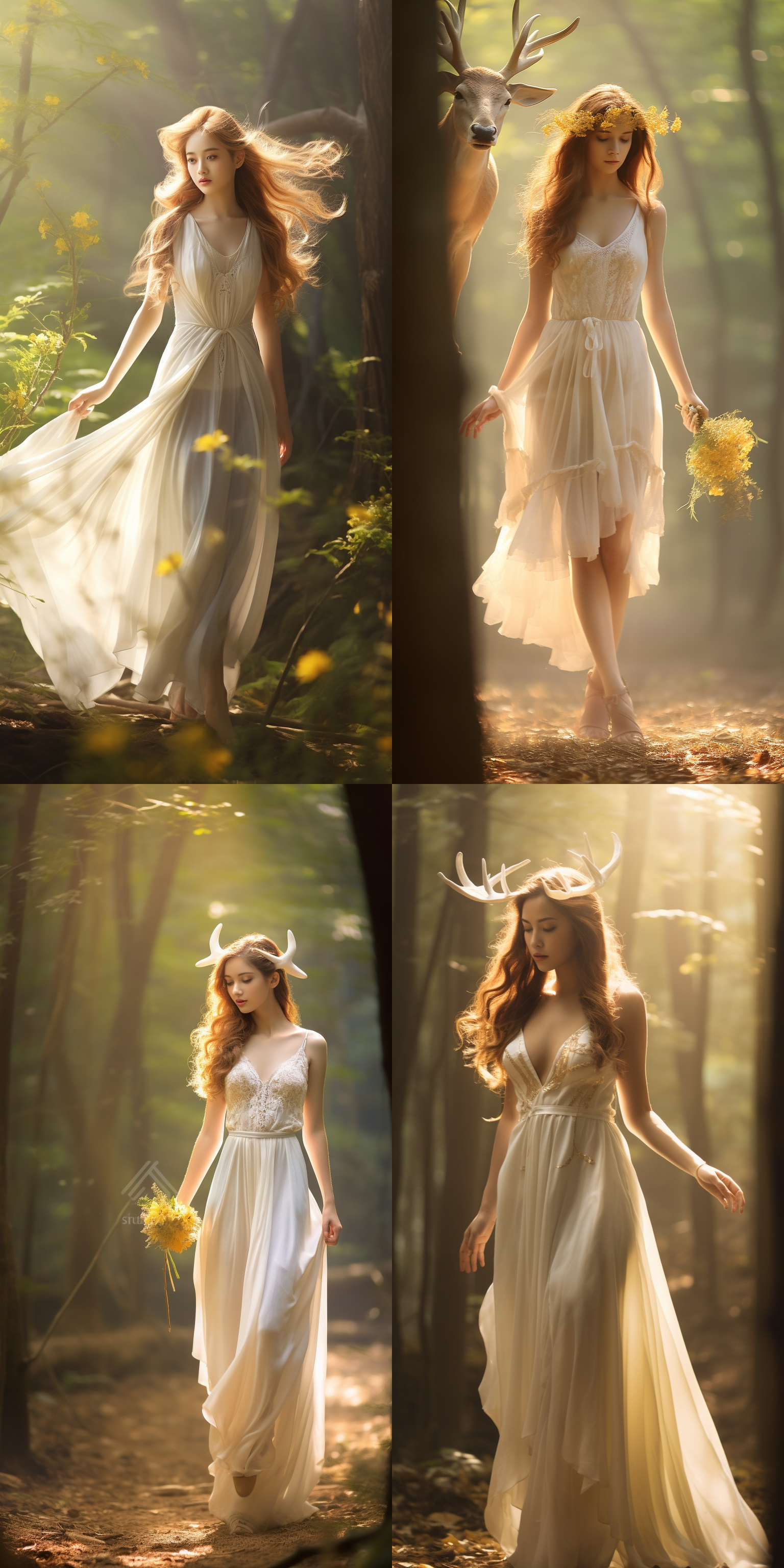 中国少女森林漫步，清晨阳光穿透雾气，金色长直发与鹿角交织，白色长裙，赤脚，手持黄花，全身像，面部细节清晰，自然光，柔焦效果，淡雅色调，静谧氛围。