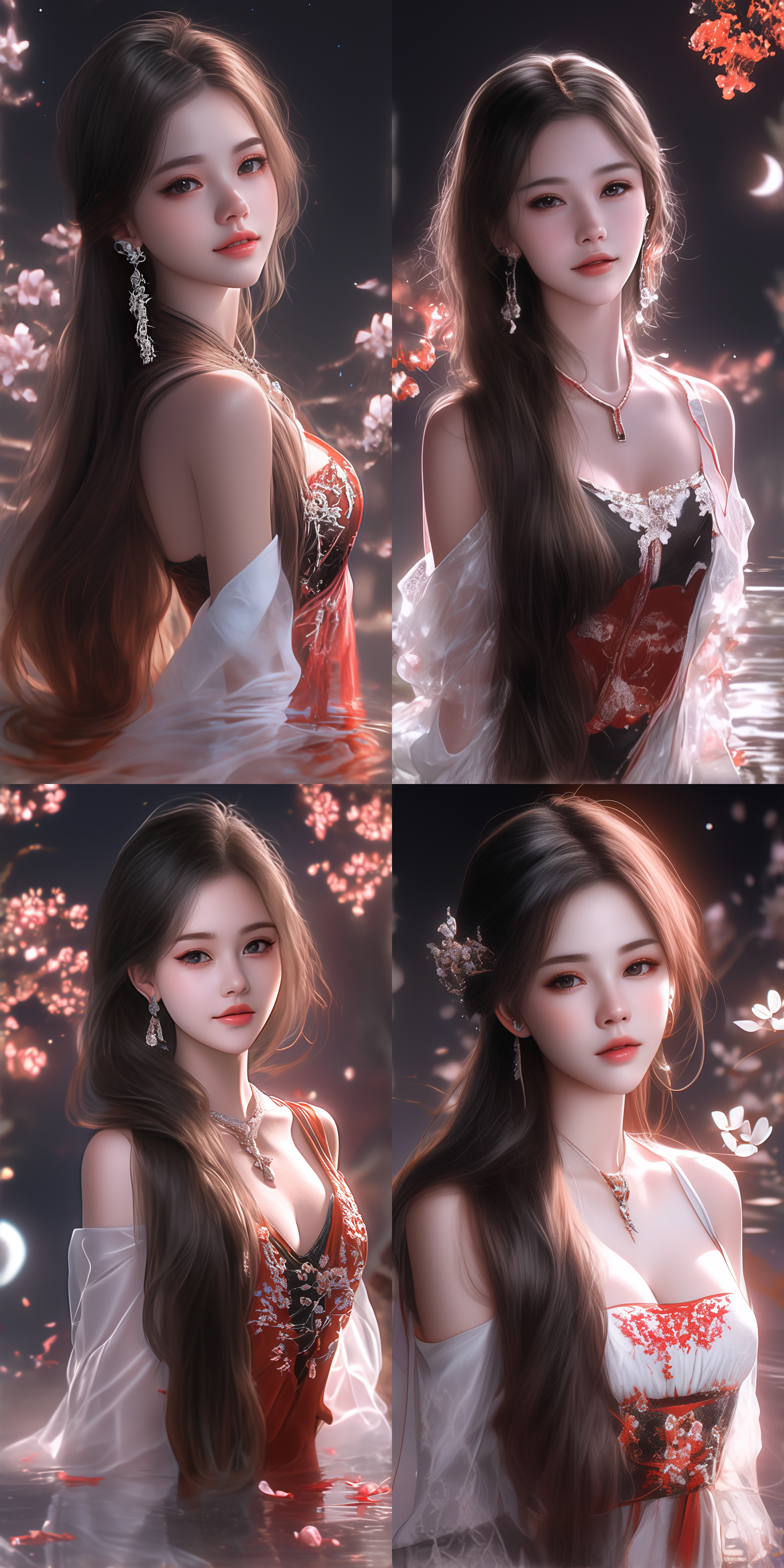 一个中国古代少女，绝美容貌，精致脸型，白皙肤色，长发，穿古装，中国风，全景透视，仙侠世界，柔光，正视图，温柔微笑，月光，水面，