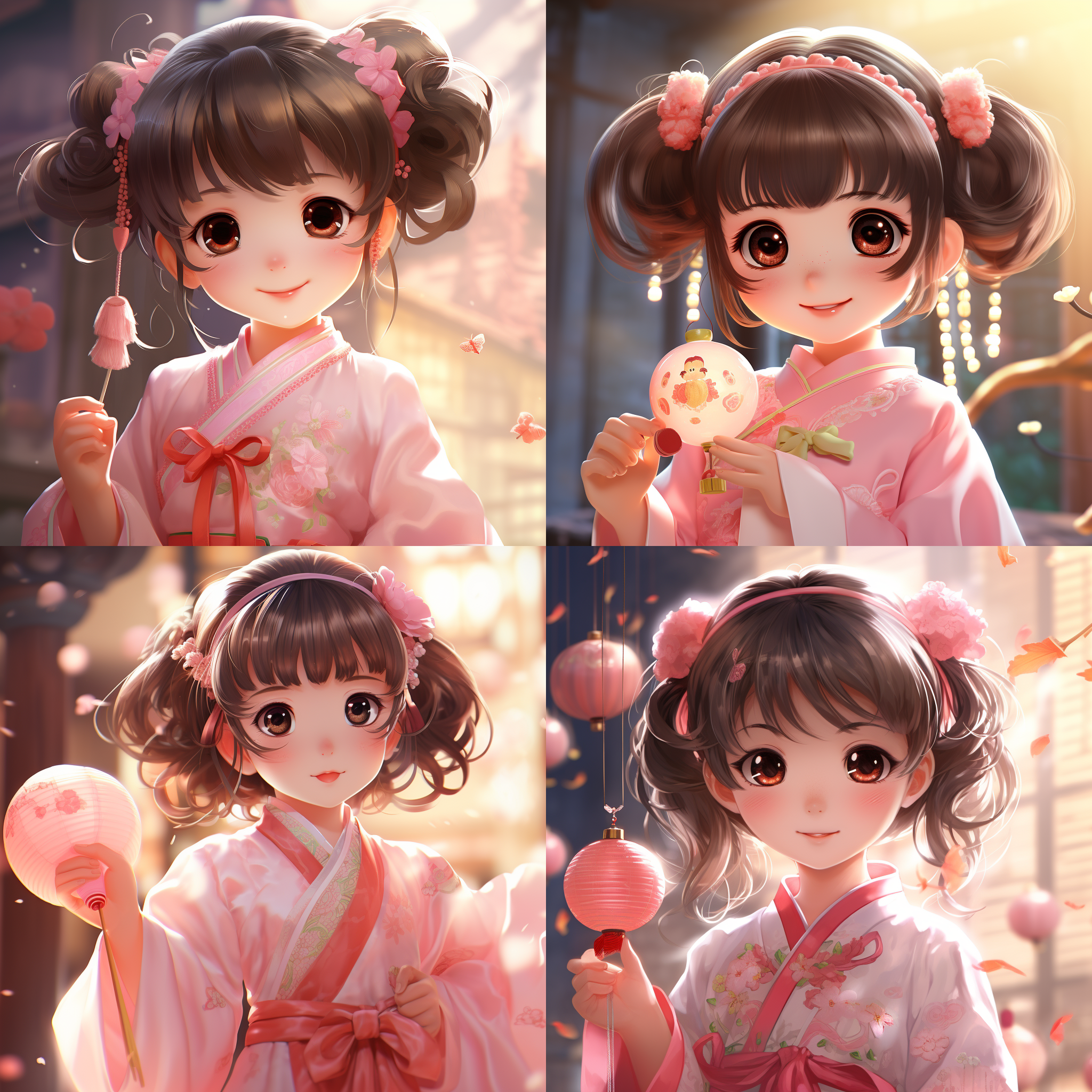 五岁小女孩，丸子头，发簪，大眼睛，小鼻子，小嘴巴，圆脸，手持糖葫芦，粉色汉服，甜美笑容，动漫风格，超高细节，8k，鲜艳色彩，柔和光线，正面特写，快乐情绪，细腻肌肤质感，活泼姿态。