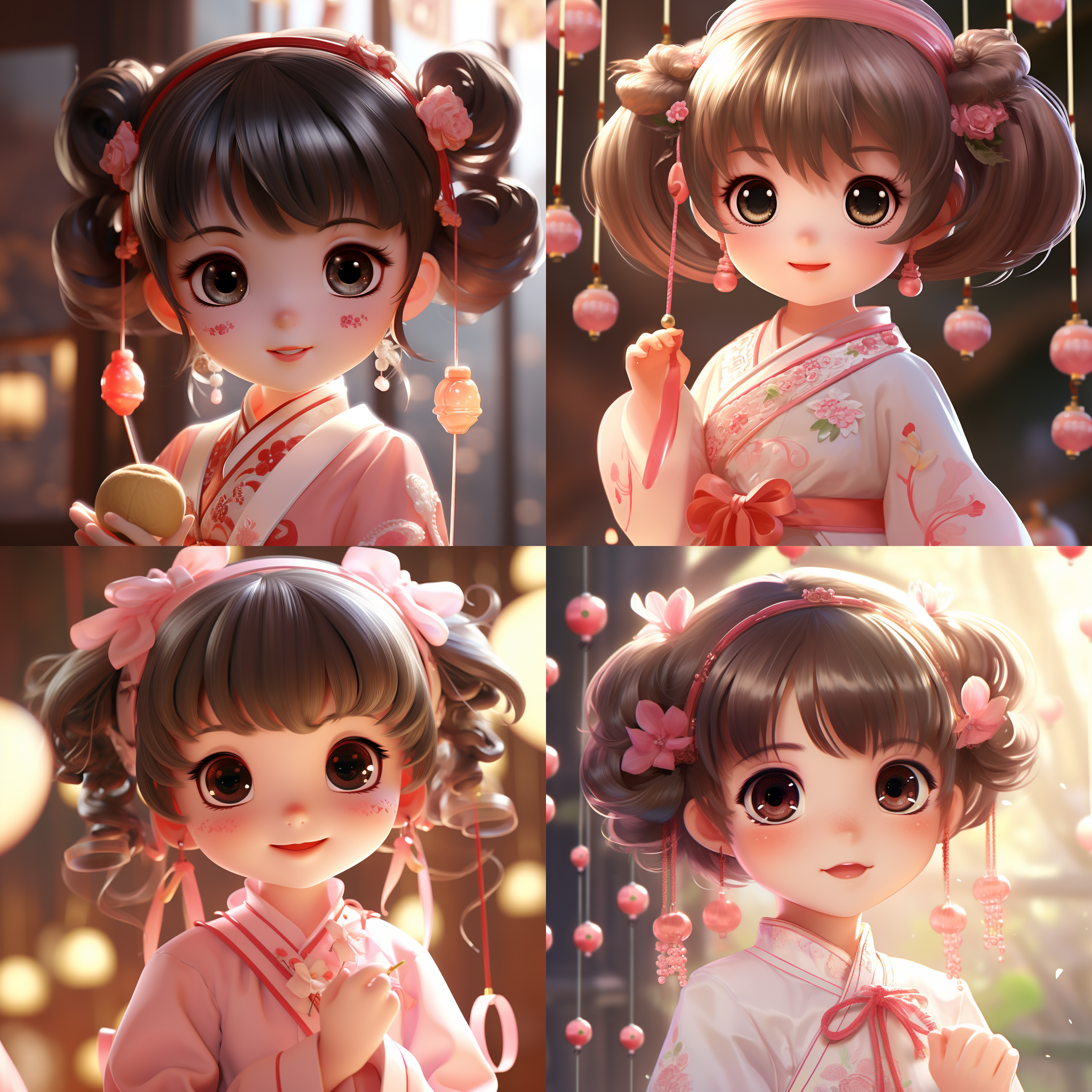 五岁小女孩，丸子头，发簪，大眼睛，小鼻子，小嘴巴，圆脸，手持糖葫芦，粉色汉服，甜美笑容，动漫风格，超高细节，8k，鲜艳色彩，柔和光线，正面特写，快乐情绪，细腻肌肤质感，活泼姿态。