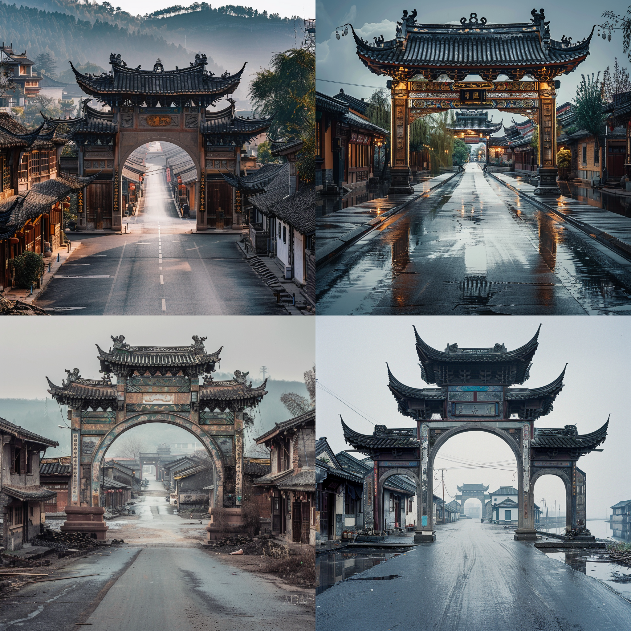 中式古建筑牌楼横跨沥青公路，对称构图，古建筑牌楼细节丰富，右侧自然河道波光粼粼，左侧民居错落有致，背景民俗风情街热闹非凡，长焦镜头，自然光，低角度，色彩鲜艳，历史感，宁静与繁华对比。