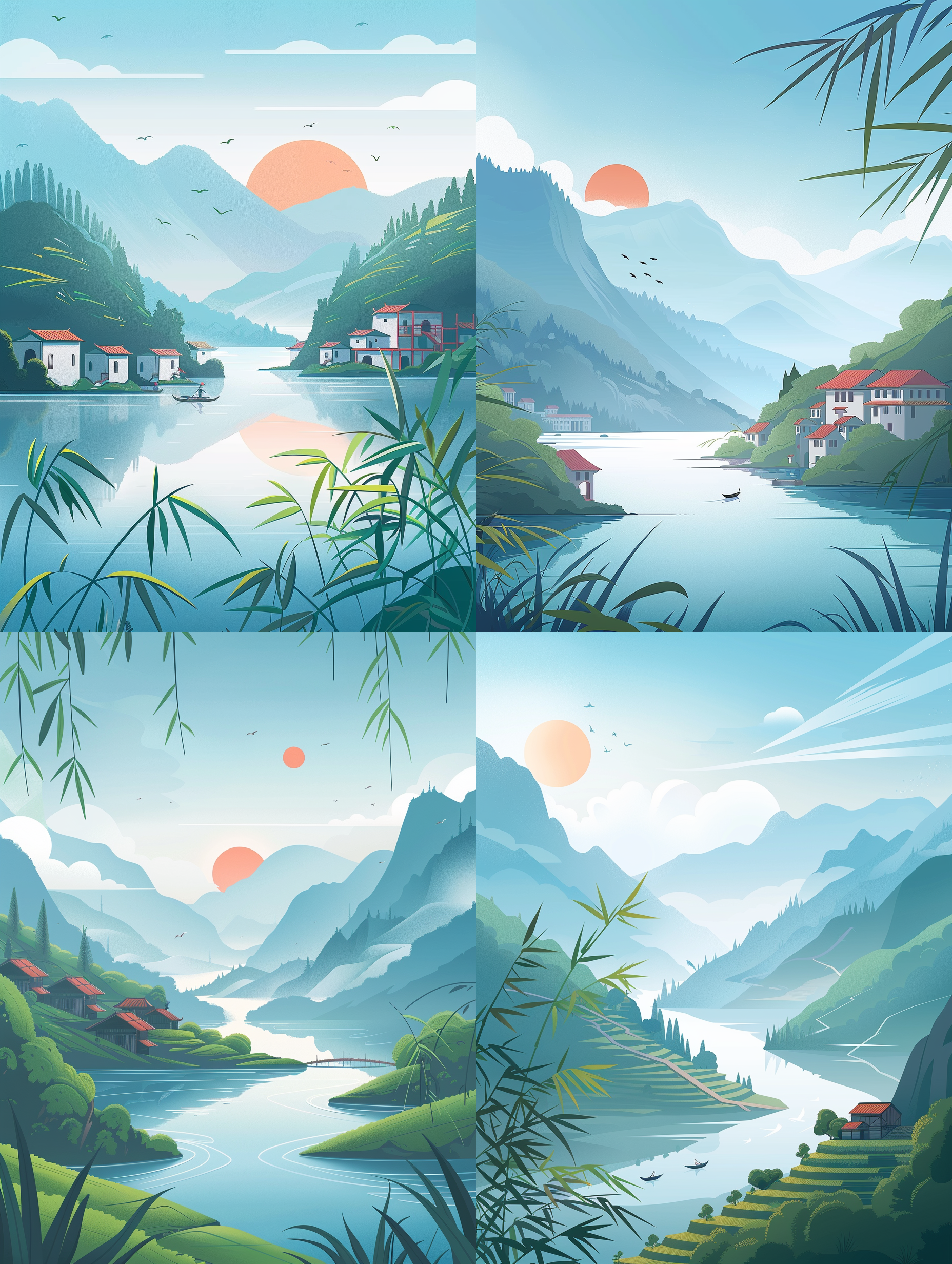 spring bright tones, mountains, clouds, water, terraces, mountain villages, willows, bamboo, wide angle，natural light, sun, blue sky,cinematic light, flat style, vector illustration, design style, ui，real photography, super detail，8k，best quality,