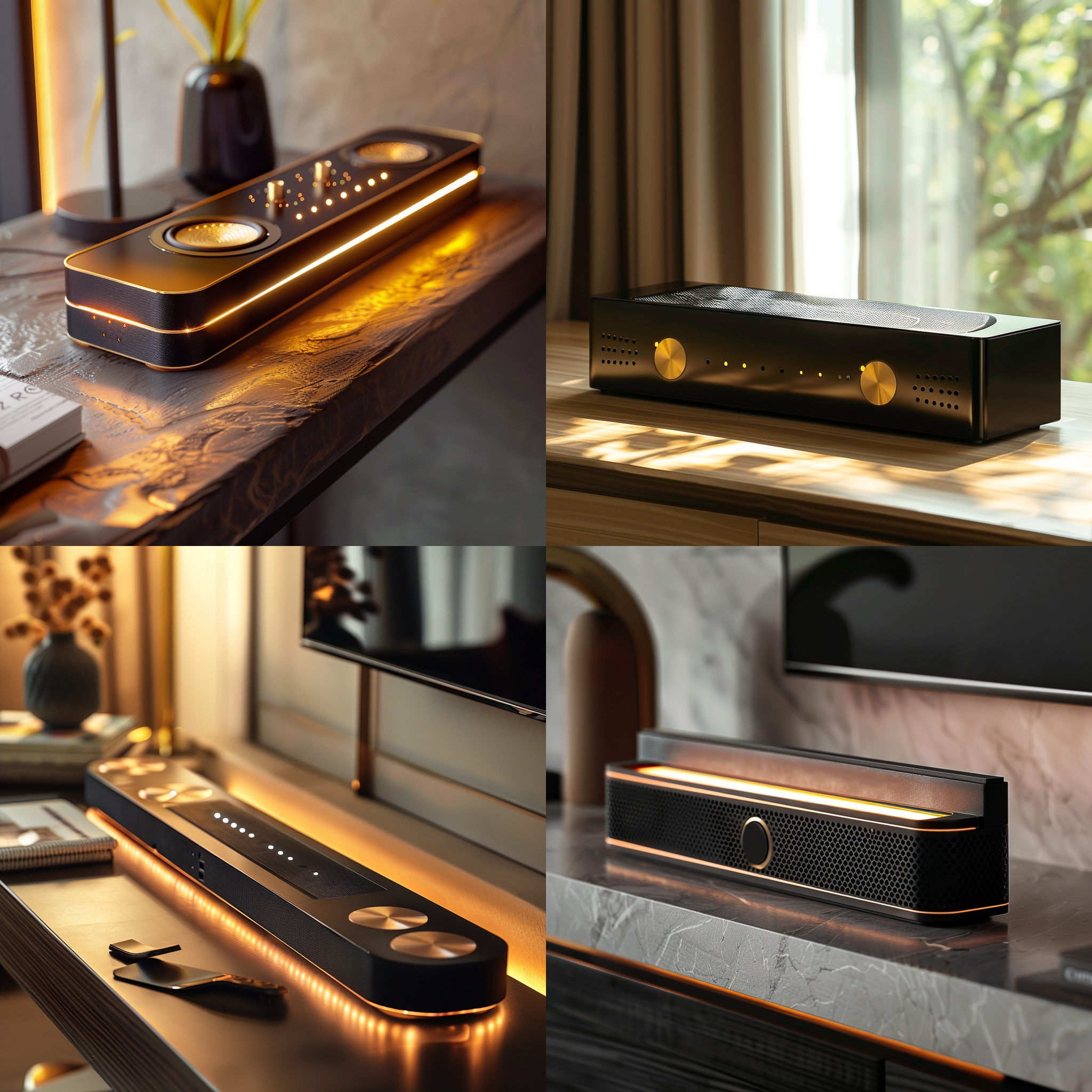 音响置于桌面，长条形设计，黑色金属材质，金色点缀，正面出音孔，旋钮按键，led灯光，高级感，居家场景，现代简约风格，自然光，低角度拍摄，细节特写，冷暖色调对比，静物摄影。