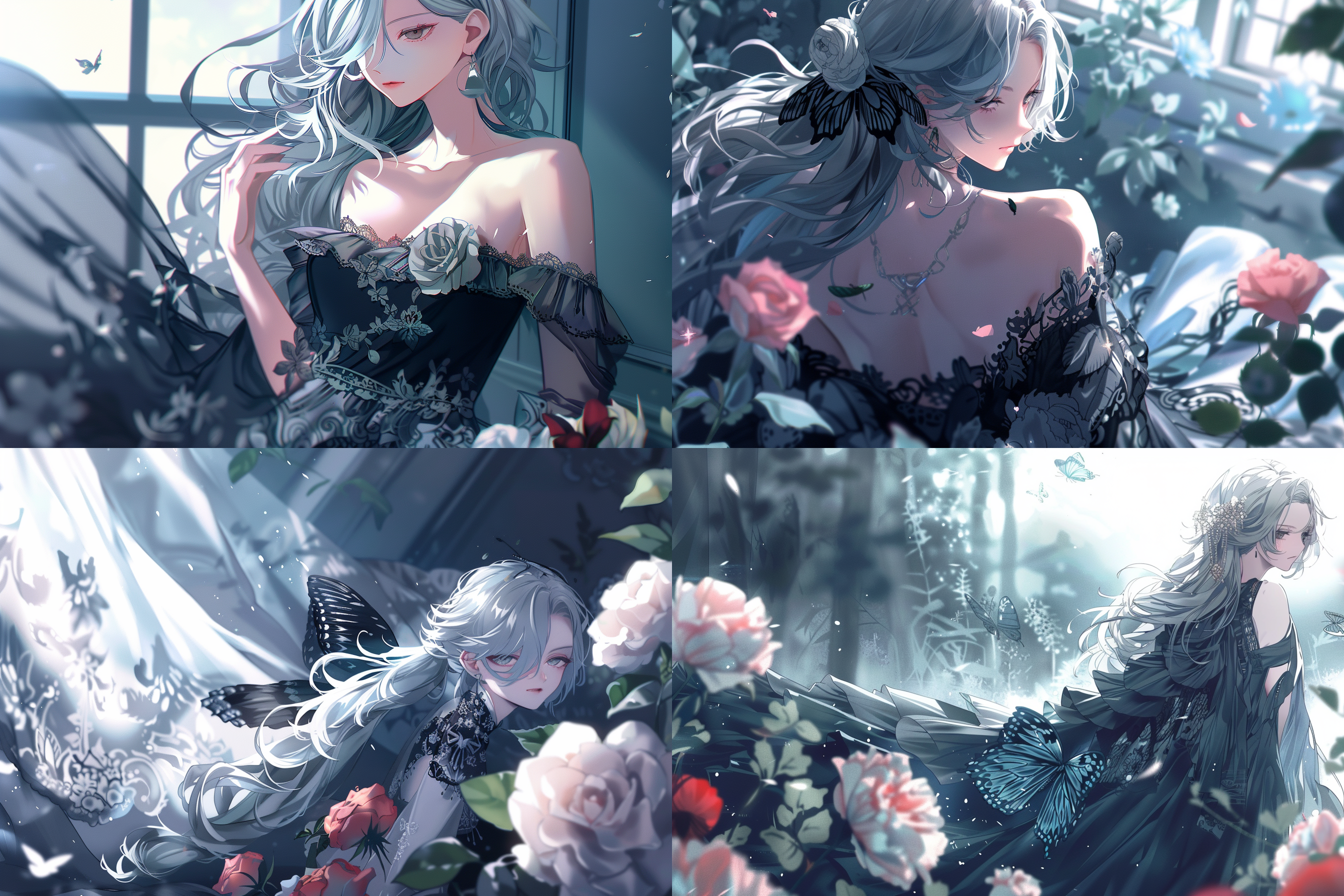 蝴蝶，玫瑰，线条勾画，彩色线条，白色背景 旗袍 中国结 森林 全景 白红 珐琅 体积光 极简主义 调色板