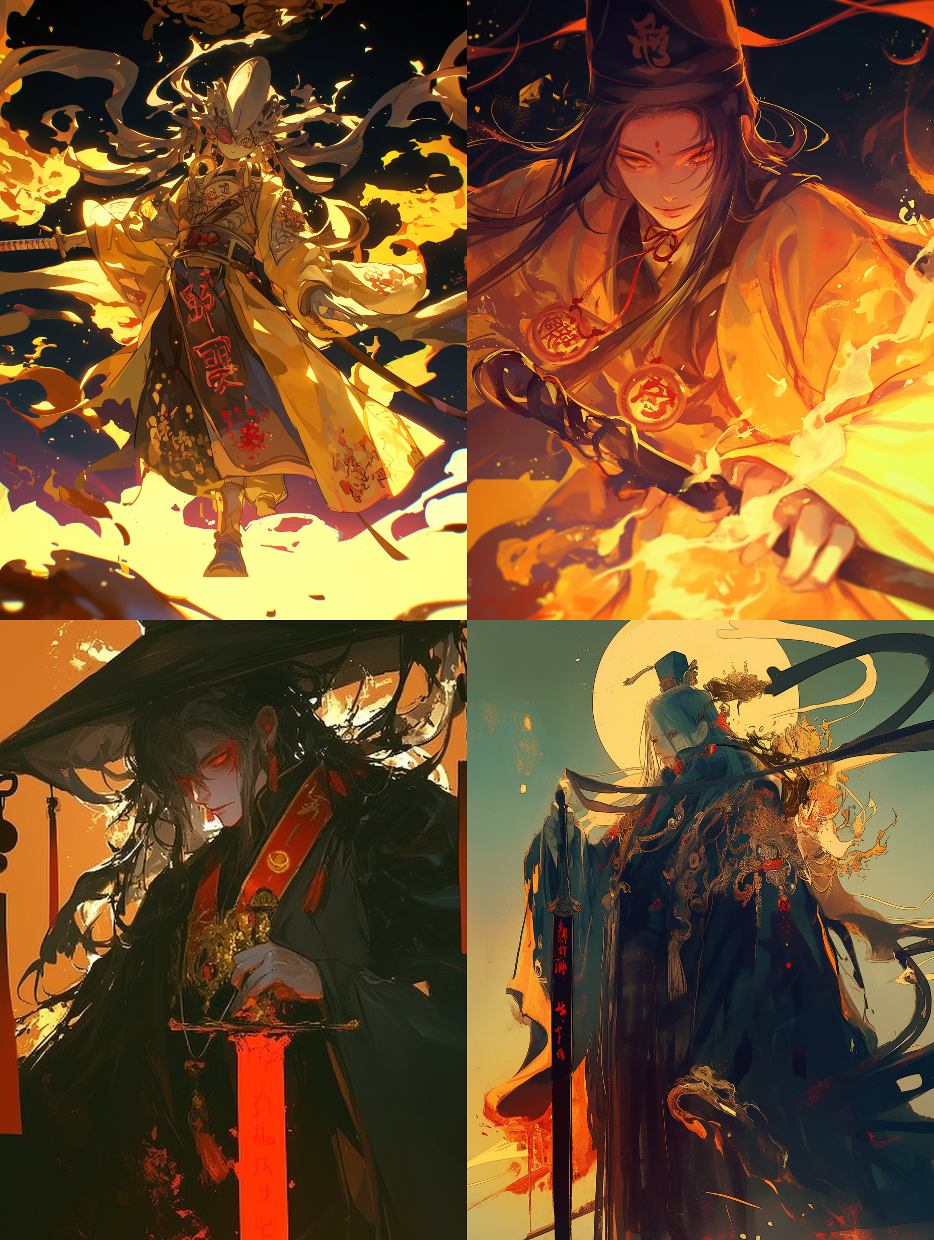 道士现代服饰，黄色符咒红色字，钱币剑，鬼魂，恐怖背景，低角度拍摄，暗调，长曝光，侧光，惊悚表情，动态模糊，冷色调，神秘。