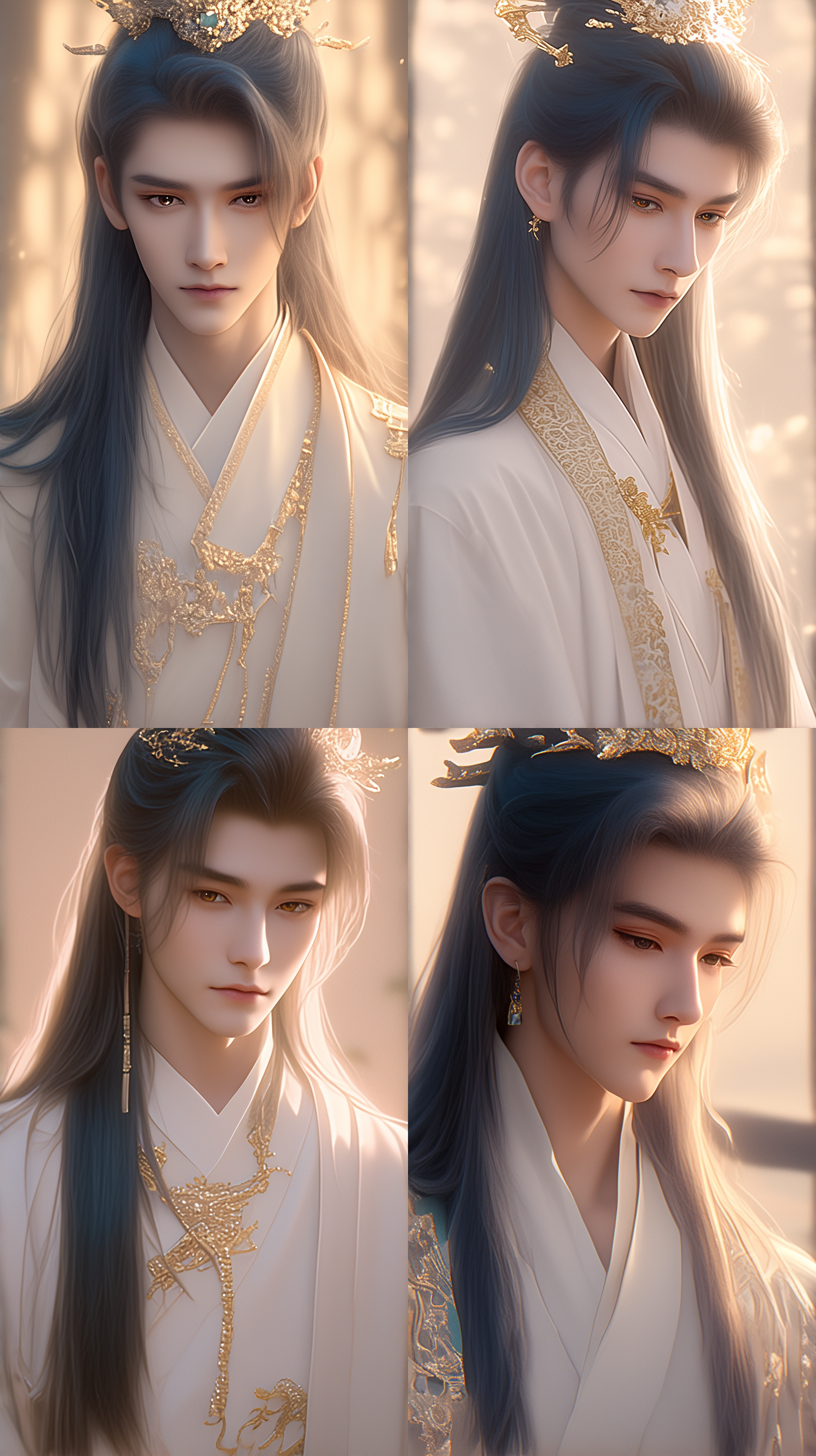 中国古代年轻男子，超级帅气，高级精致面容，细长眉毛，双眼皮，白长发，金色光芒眼睛，玉冠头饰，薄唇饱满，线条清晰，黑暗系，逼真照片，超清画质，8k，古风，古建筑，cg，前视图，霸气！高光，玄幻宇宙，侧光，广角镜头，高对比度，冷色调，神秘氛围，动态捕捉。