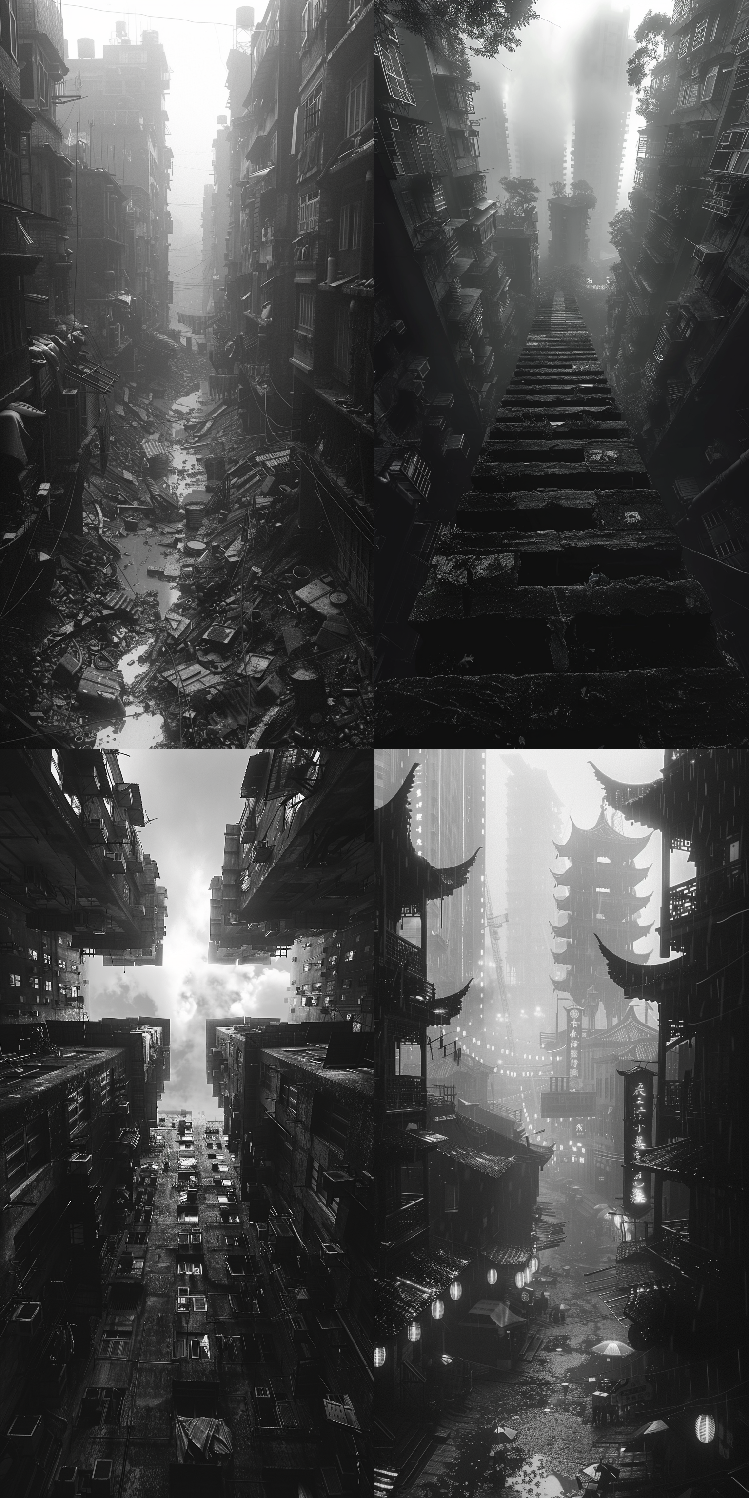 九龙城寨，废墟探险，阴暗狭窄巷道，破旧建筑，黑白摄影，低角度，广角镜头，侧光，高对比度，神秘，压迫感，废弃生活用品。