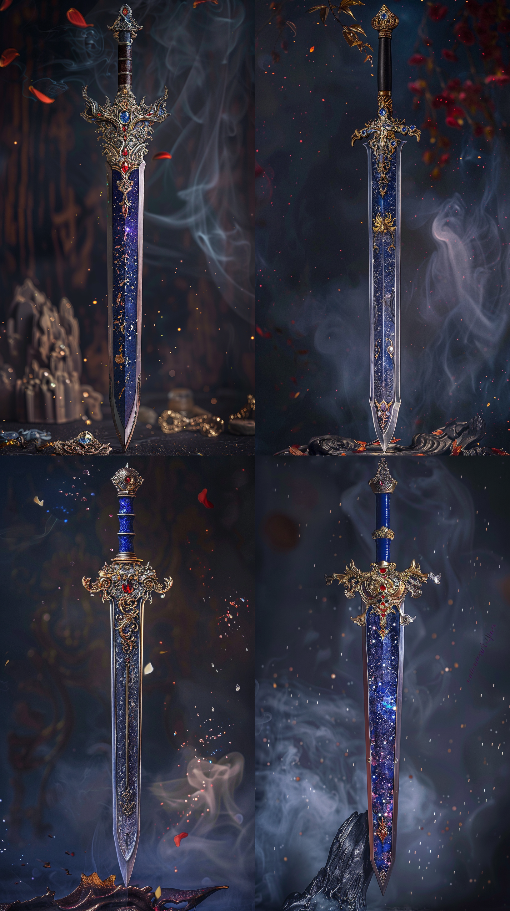 一把中国古风宝剑，曲线优美，细节丰富清晰对焦，远景冷色调，静谧神秘，锋利，金边，震撼，气势磅礴，开天劈地，劈入地面，玄幻背景