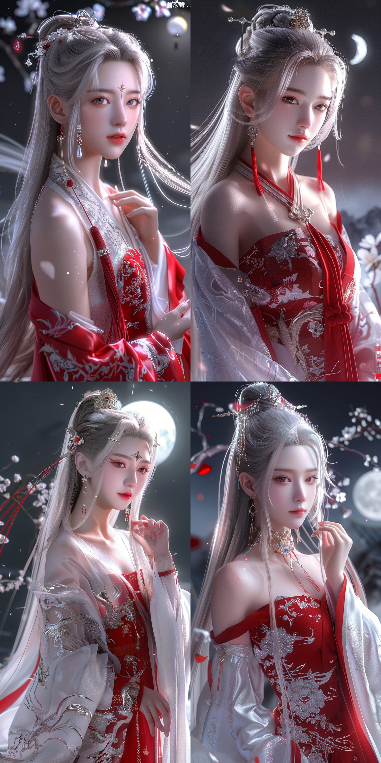 一个中国古代少女，精致五官，绝美妆容，白皙肤色，发鬓，穿古装，中国风，全景透视，玄幻世界，柔光，正视图，清冷，月光，宇宙星辰