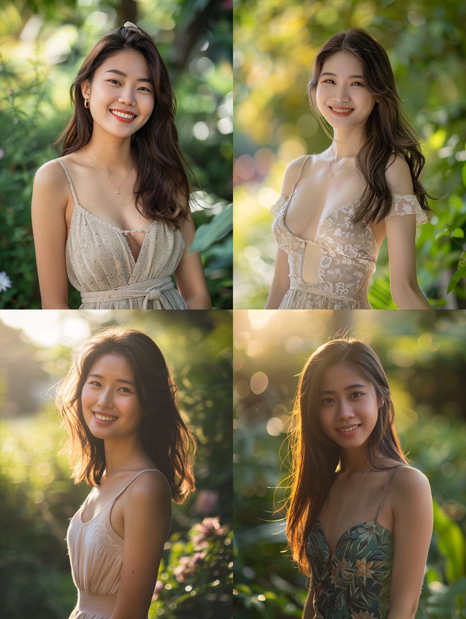 亚洲女性穿连衣裙，优雅姿态，花园背景，柔和光线，长焦镜头，浅景深，微笑，自然元素，淡雅色彩，宁静。