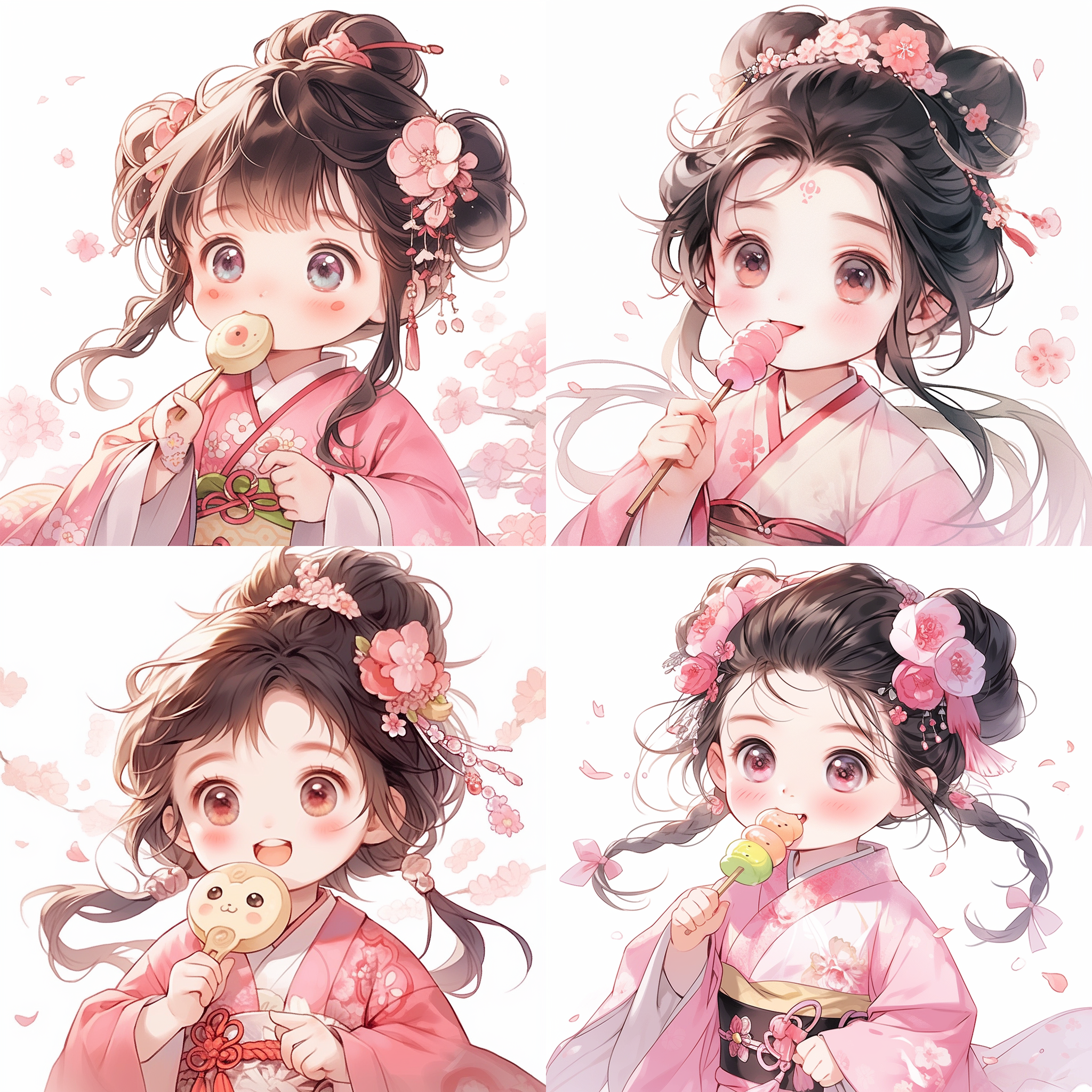 一个可爱的五岁小女孩，扎着丸子头，带着发簪，大大的眼睛，小鼻子，小嘴巴，脸圆嘟嘟的，手里拿着一个糖葫芦，穿着粉色汉服，笑的很甜，很高兴 ，手绘动漫风格，超高细节，8k