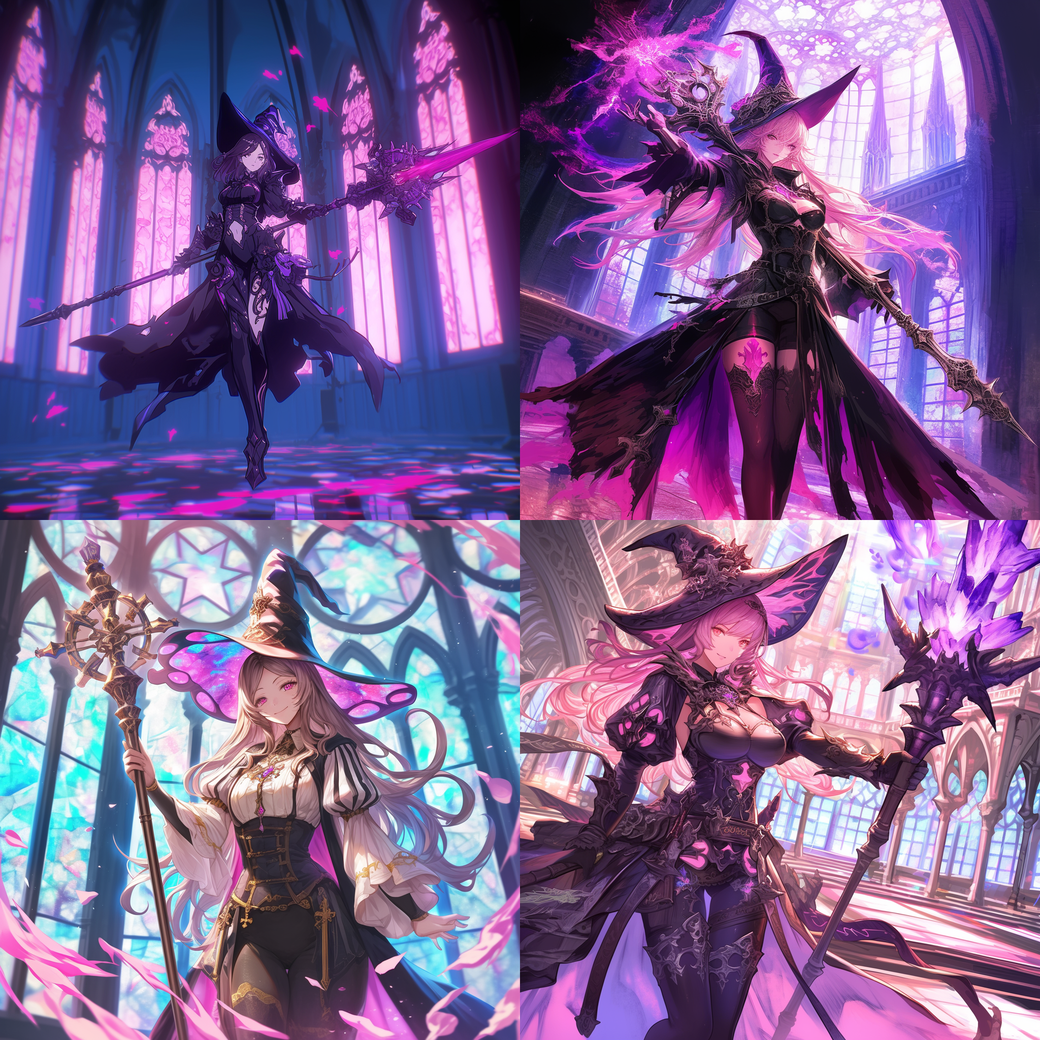 赛璐璐风格，日本动漫截屏，女法师，尖顶帽，长法杖，教堂背景，腹部粉色纹身，优美曲线，披风，明亮色调，高饱和度，细节丰富，动态姿势，连裤袜，哥特式服装，高光，阴影，细腻笔触，幻想元素，魔法光环，神秘氛围，哥特式建筑，精致纹理，动态构图，色彩鲜明，情感神秘。