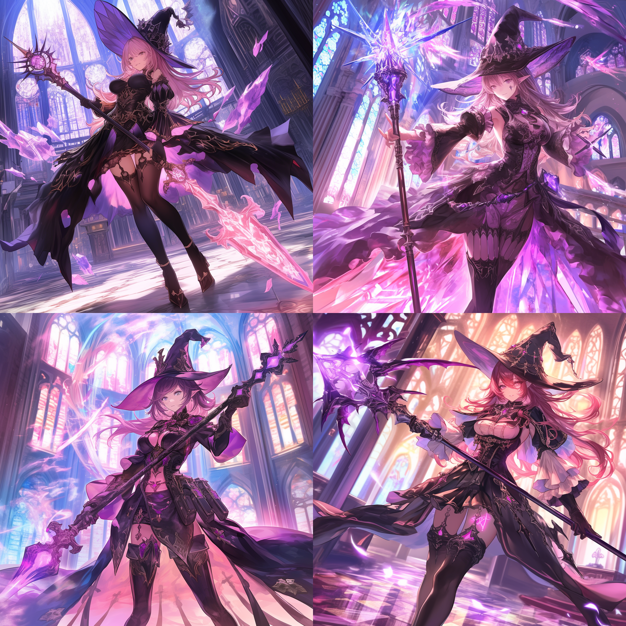 赛璐璐风格，日本动漫截屏，女法师，尖顶帽，长法杖，教堂背景，腹部粉色纹身，优美曲线，披风，明亮色调，高饱和度，细节丰富，动态姿势，连裤袜，哥特式服装，高光，阴影，细腻笔触，幻想元素，魔法光环，神秘氛围，哥特式建筑，精致纹理，动态构图，色彩鲜明，情感神秘。