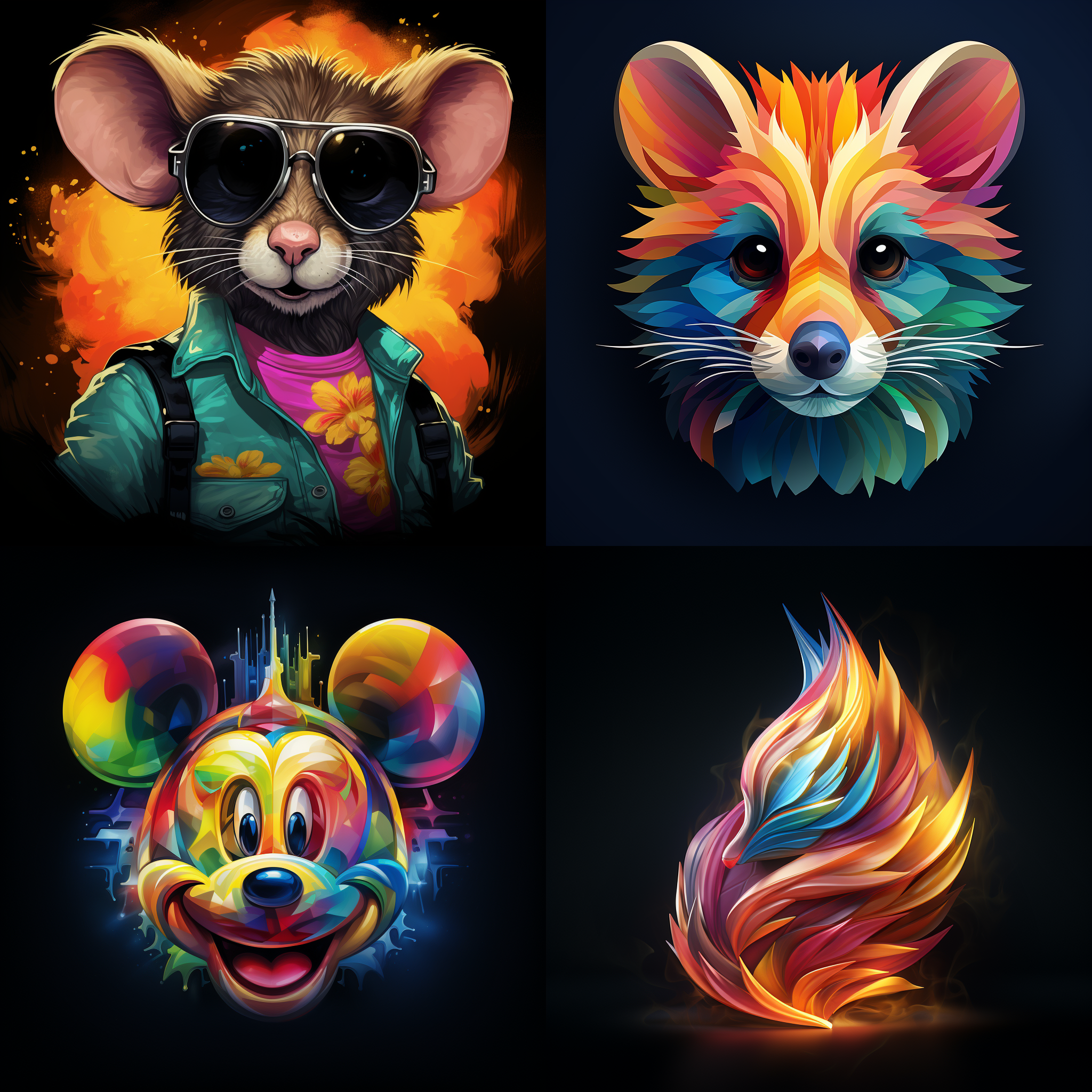 酷鼠标志向左看，色彩鲜艳，神态逼真，线条锐化，纯黑色背景，浮雕风格，柔光，超高清8k分辨率，艺术美感，高光细节，暗部层次，立体感，焦点清晰，边缘锐利，色彩饱和，动态范围广。