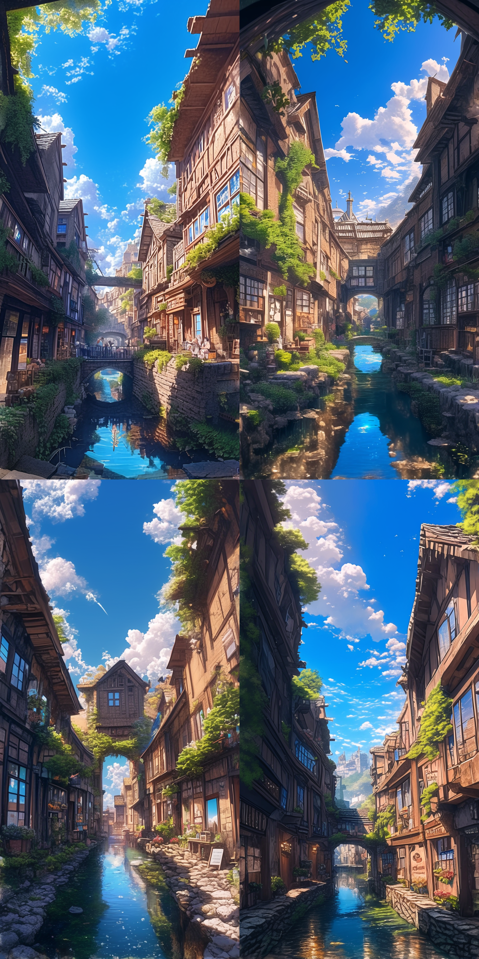 欧洲小镇别墅，爬山虎覆盖，石板路，清澈水沟，蓝天白云，斜阳光，动漫风格，色彩鲜艳，高分辨率，高细节，高对比度，全景视角，柔和光线，自然色彩，梦幻氛围。