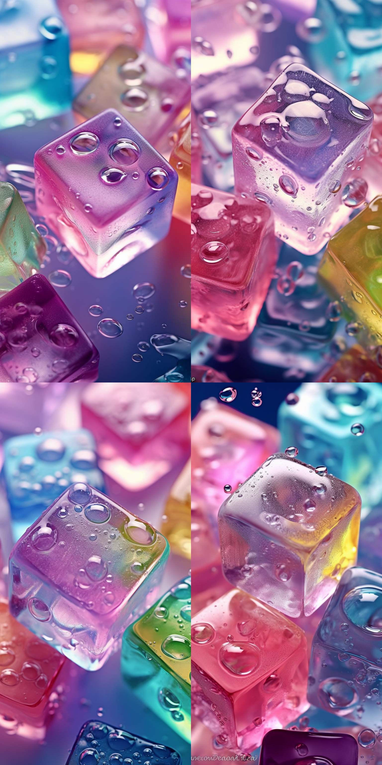 多巴胺多彩冰块，透明冰块中嵌入彩色液体，气泡丰富，微距镜头，自然光，高饱和度，静物摄影，清新，活力。