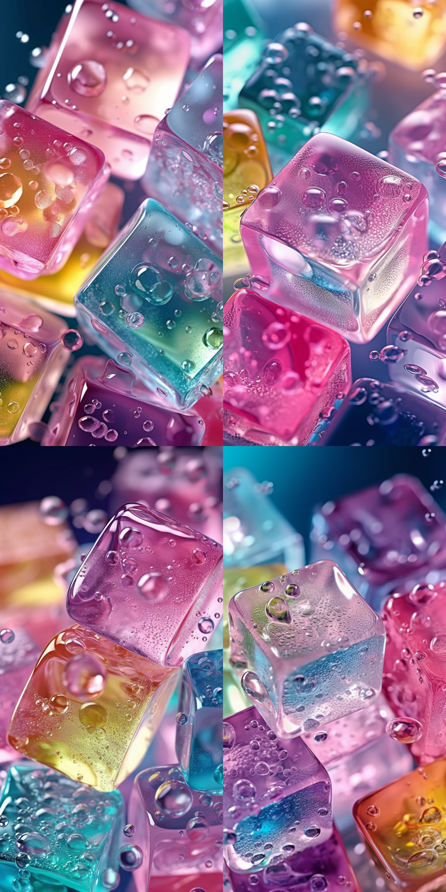 多巴胺多彩冰块，透明冰块中嵌入彩色液体，气泡丰富，微距镜头，自然光，高饱和度，静物摄影，清新，活力。