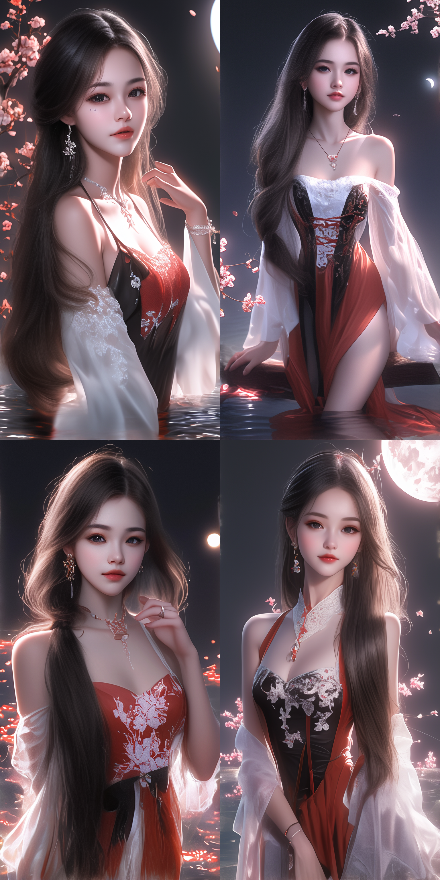 一个中国古代少女，绝美容貌，精致脸型，白皙肤色，长发，穿古装，中国风，全身图，仙侠世界，柔光，正视图，温柔微笑，月光，水面，