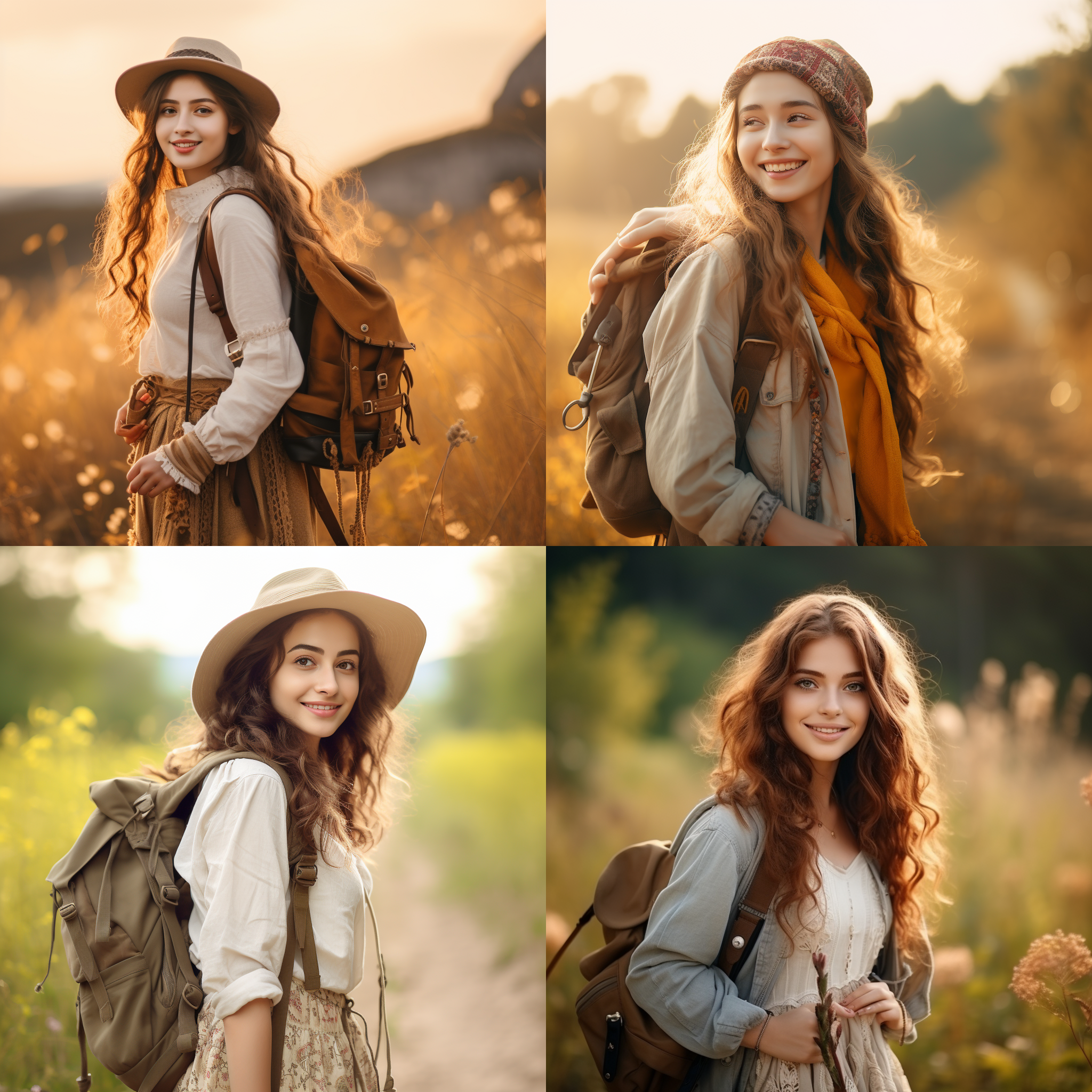 大眼睛女孩旅游照，明亮眼眸，微笑，自然风光背景，长裙，背包，远景，柔和光线，浅景深，温暖色调，轻松愉悦。