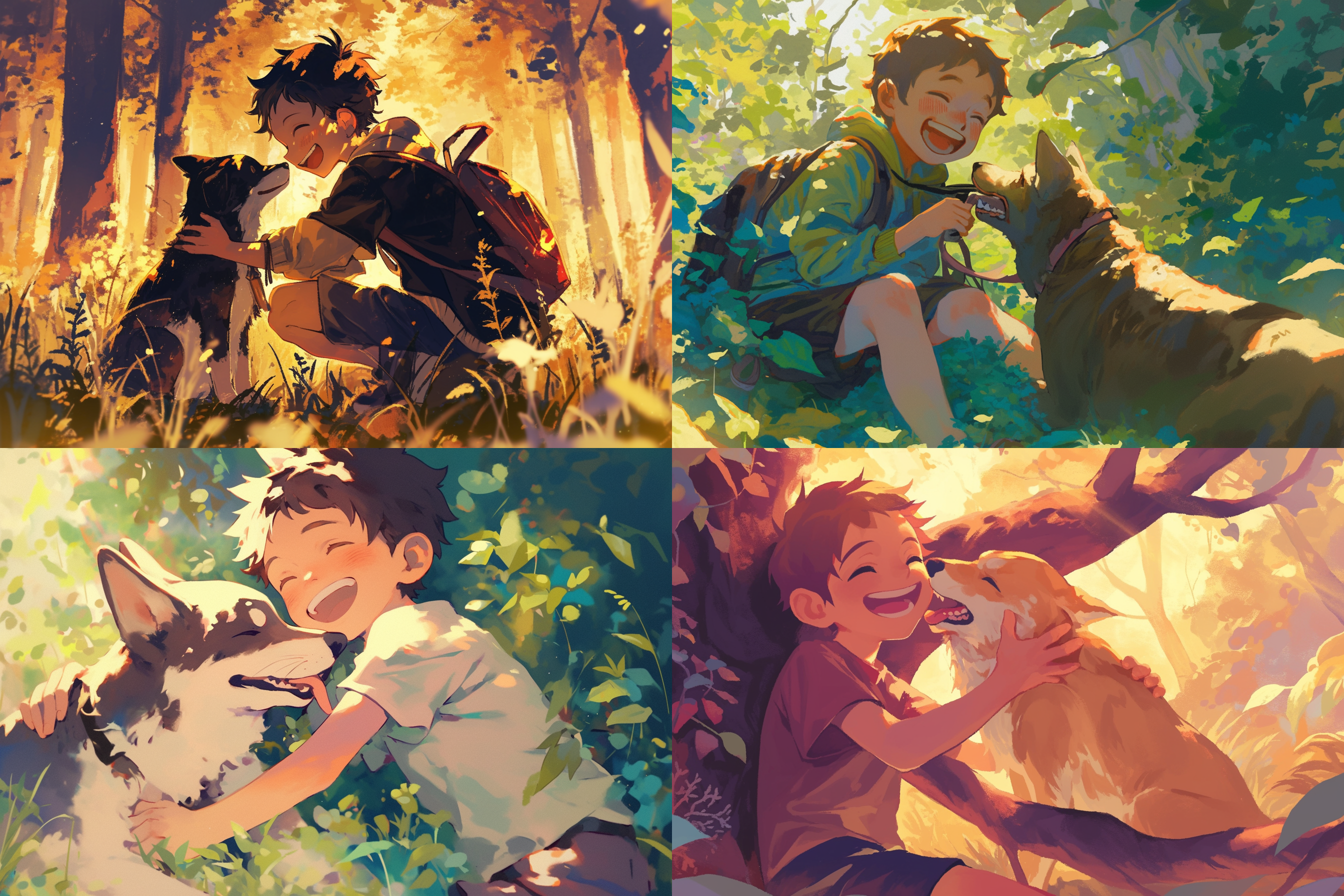 a boy playing with his dog in the forest，with a big smile on his face,the afternoon sun streaming through his branches,panorama，expressive