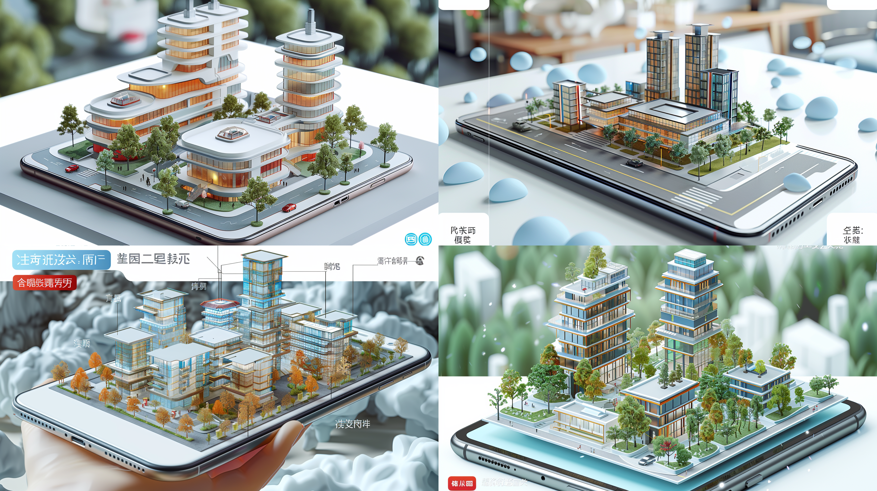 手机上的建筑模型，校园建筑，浅色主题，3d模型，线条清晰，自然光，细节丰富，广角镜头，现代生活，高效便捷。