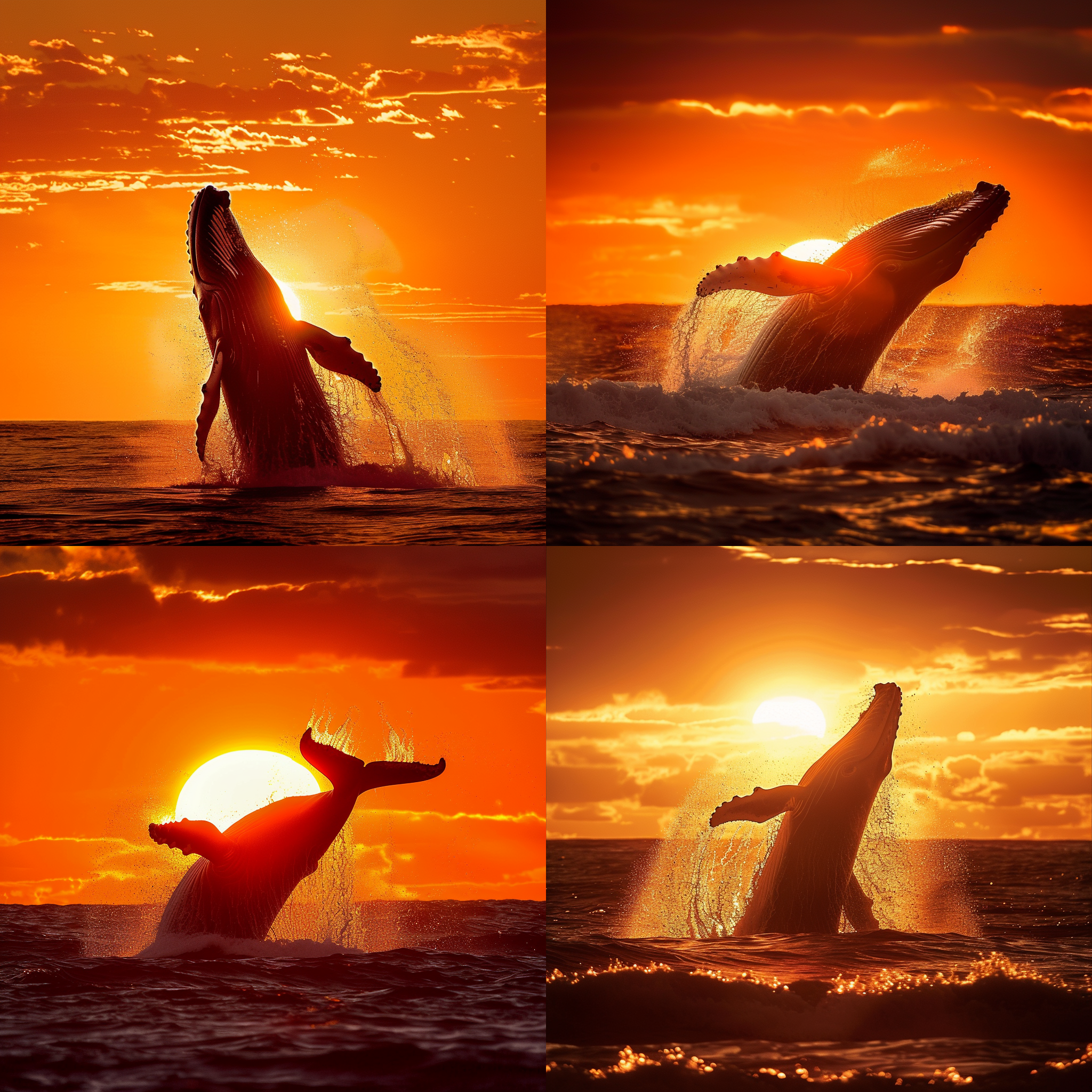 鲸鱼跃出水面，夕阳洒落，逆光剪影，宽阔海洋，橙红色调，长焦镜头，低角度，动态捕捉，水花四溅，自由奔放。