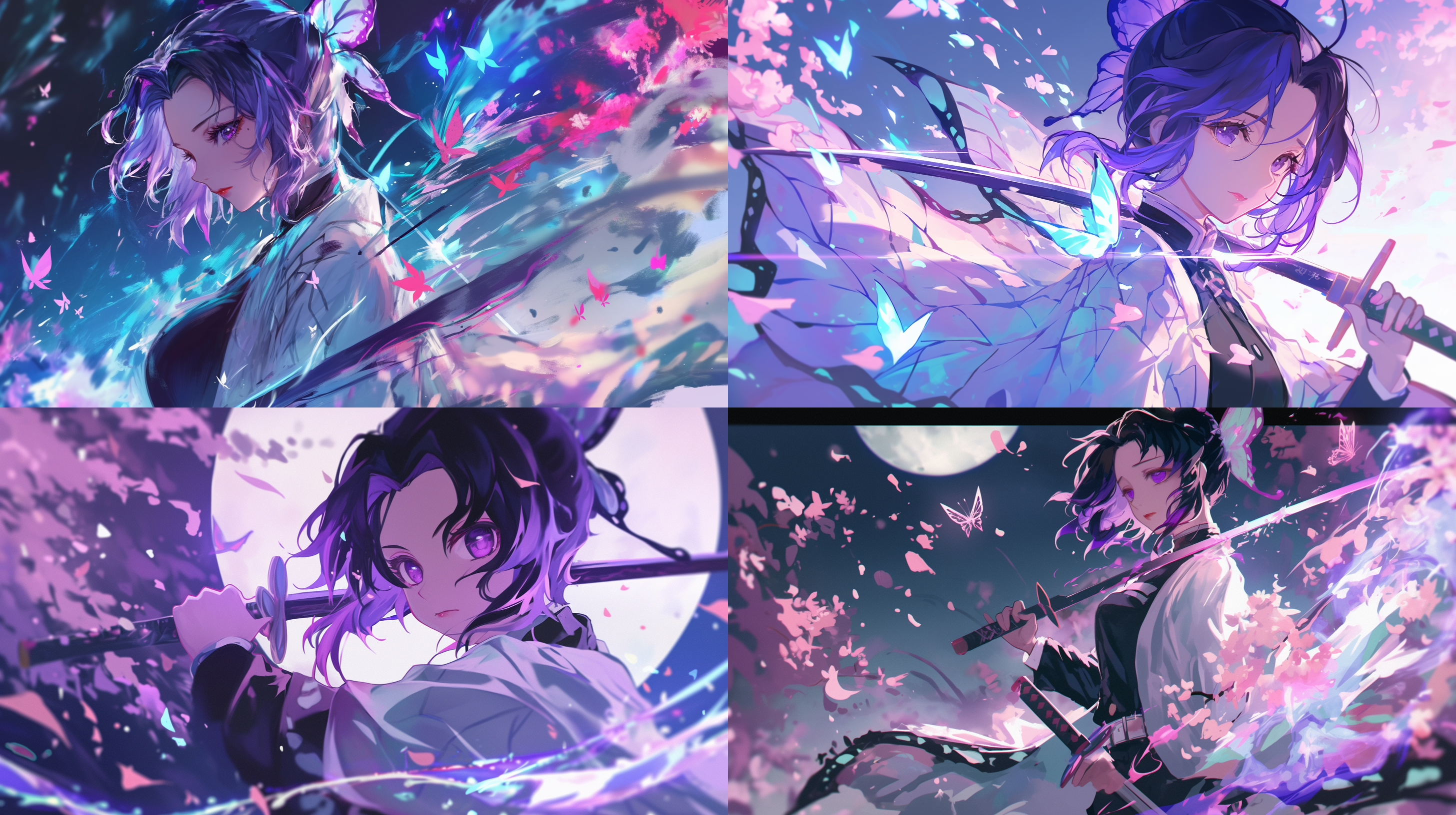 https://cdn.midjourny.cn/attachments/1256086047004299315/1257145509517463652/leslierunolfsdo52843_woman_character_from_kimetsu_no_yaiba_demo_4add4c94-5e1c-4906-a4d3-4a8f4dc9ae24.png?image_process=resize,s_330，https://cdn.midjourny.cn/attachments/1256490539935600670/1257142660737663007/pmoniagah2367_a_woman_character_from_kimetsu_no_yaiba_demon_sla_f3e2e22b-aadb-49d7-aab1-8cc73f704adc.png?image_process=resize,s_330女子，鬼灭之刃角色，蝴蝶忍，紫色头发，休闲涂鸦装扮，佩刀，红唇，樱花，长发，露肩，细腻肌肤，两眼间有头发，紫色眼睛，闭嘴，严肃，夜晚，白色大月牙，孤立构图，人在远方，低视角镜头，纯色背景，出鞘动作，刀光，剑气，紫色调，笔触细腻，光影丰富，人物轮廓发光，侧光，高分辨率，逆光摄影风格，8k。