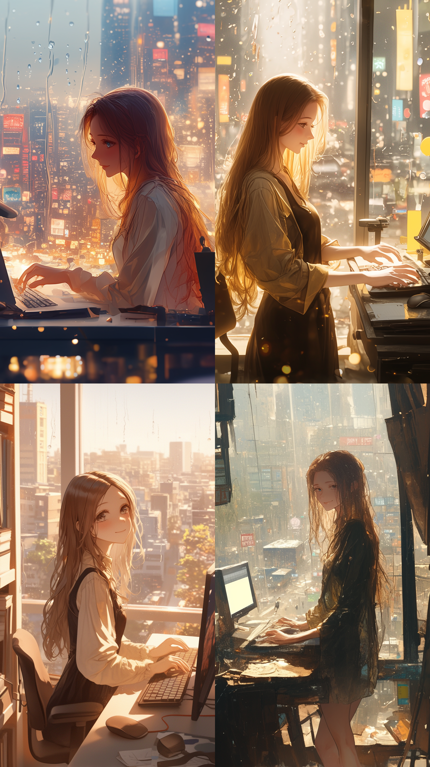 漂亮女孩，长头发，落地窗前，电脑桌办公，窗外车水马龙，阳光透过雨珠窗户，女孩正面温柔笑，修长手指，雪白肌肤，自然光，柔和色调，中焦镜头，浅景深，静谧，温馨。