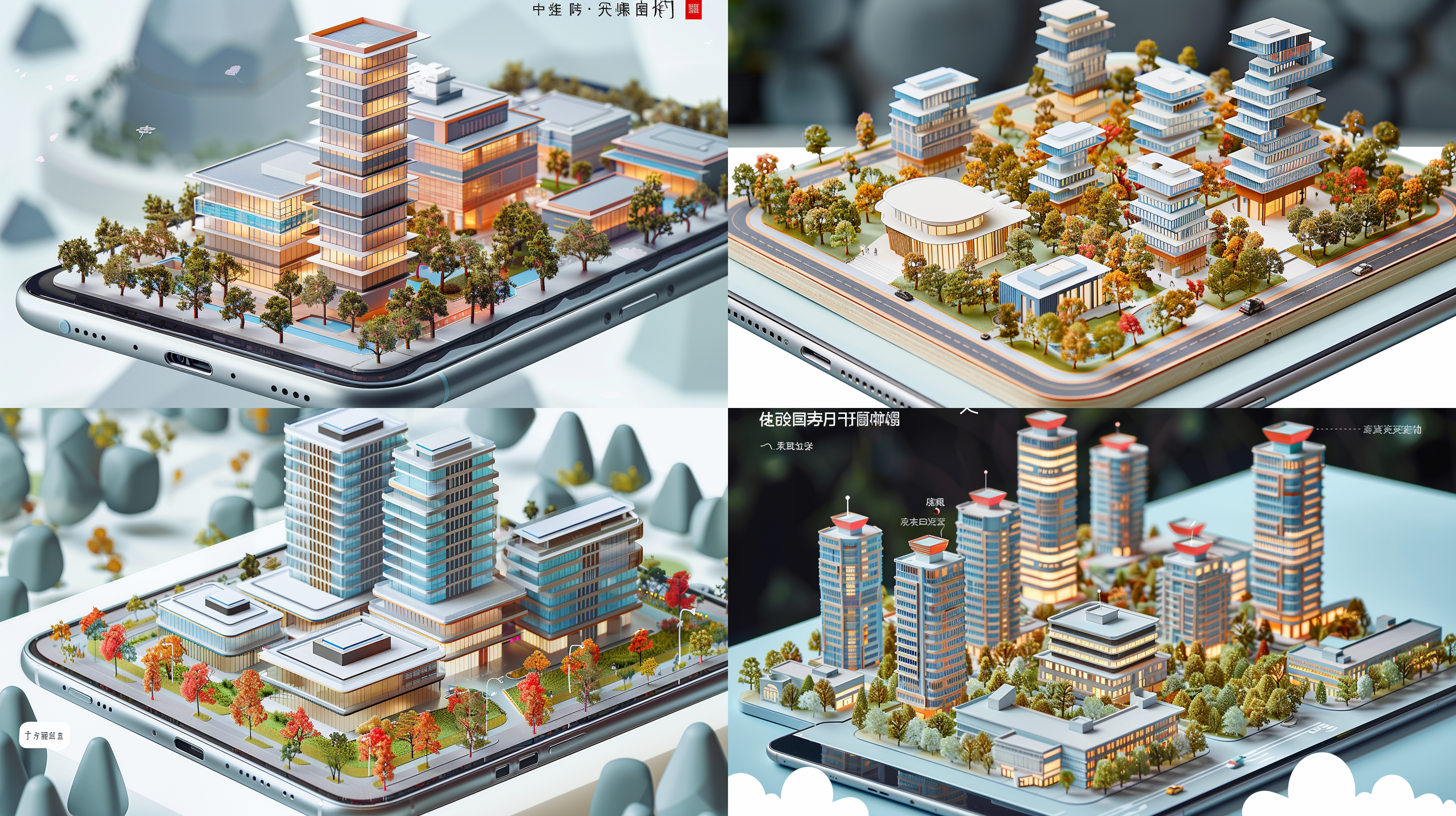 手机上的建筑模型，校园模型，线条清晰，自然光，细节丰富，广角镜头，现代生活，高效便捷。