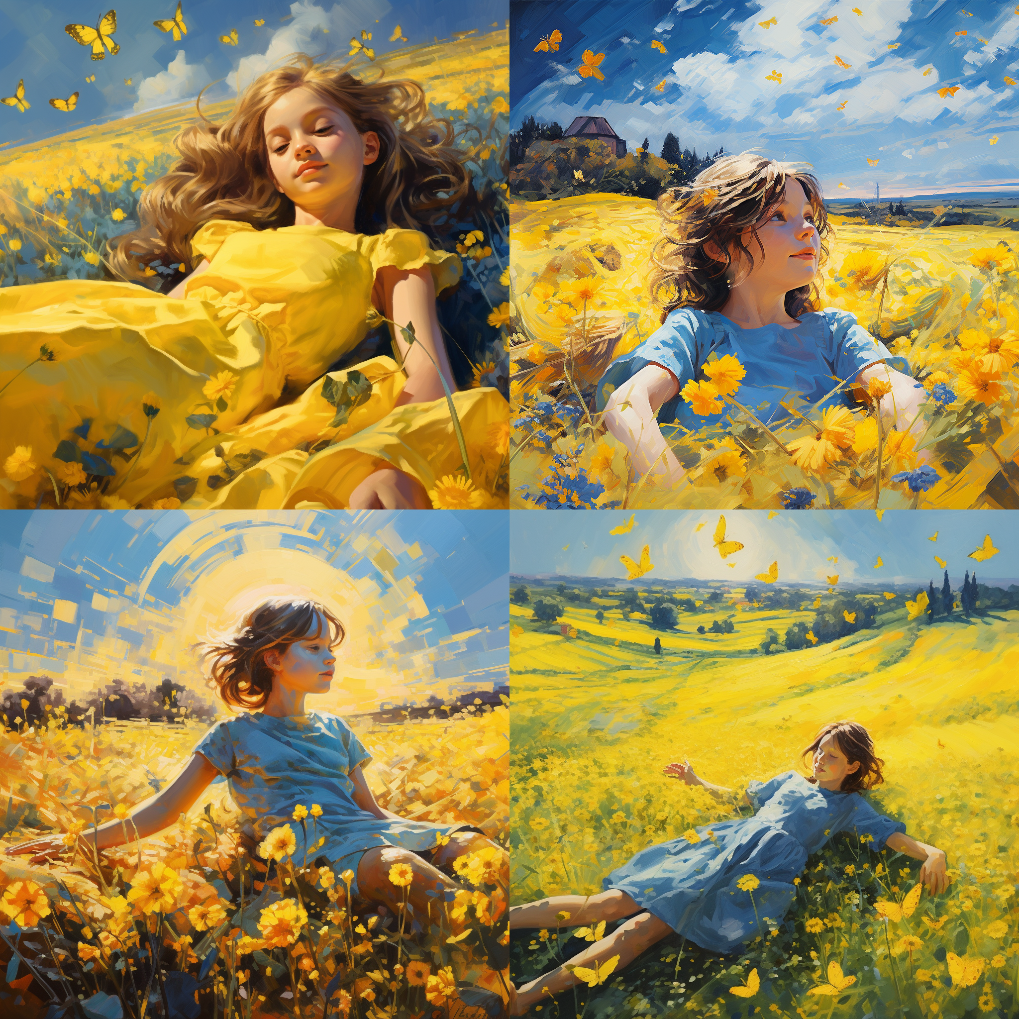 油菜花田边。一个小女孩躺在花下，一望无际的田野。黄色调。女孩着蓝色裙、远处有村庄。大阳、油画风。有蝴蝶在飞