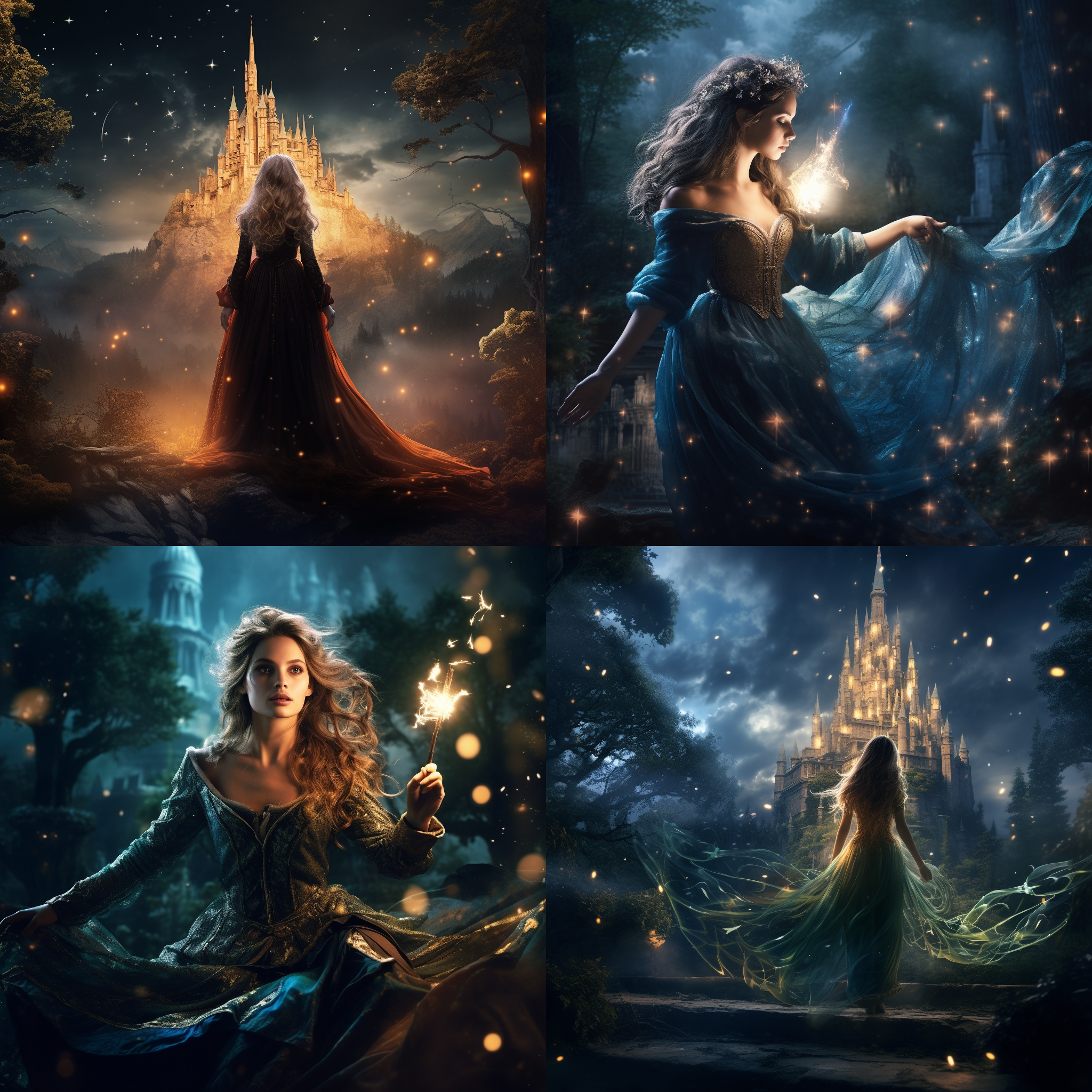 魔法世界，森林深处，神秘城堡，夜晚，星空，魔法师，长袍，法杖，专注表情，超现实，高分辨率，广角镜头，柔和光线，动态模糊，奇幻色彩，神秘感。