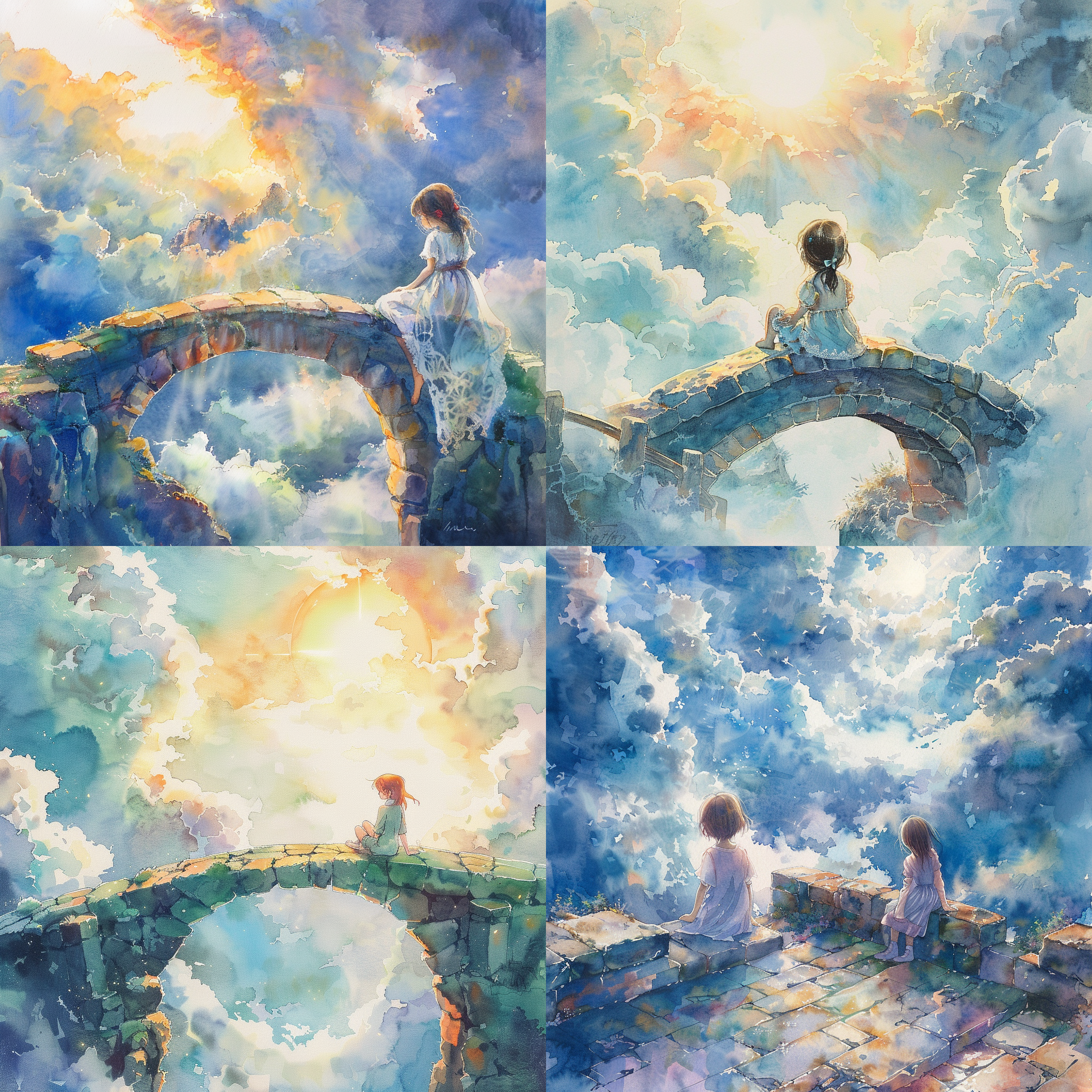沉思的小女孩坐在古老石桥上，凝视云海，清晨阳光透过云层，新艺术运动与印象派风格的结合，水彩画材质，中景视角，高分辨率细节丰富